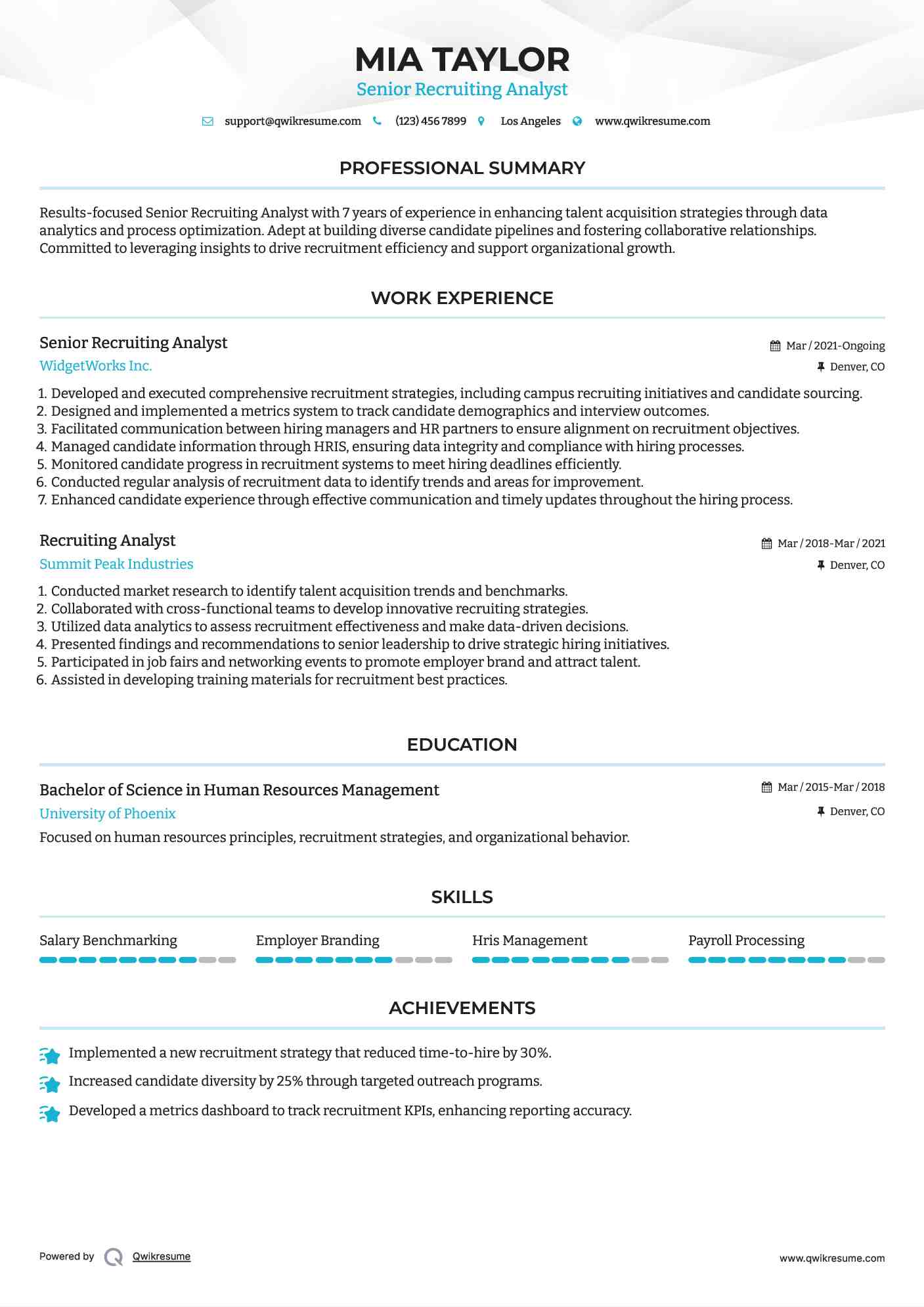 Senior Recruiting Analyst  Resume Example