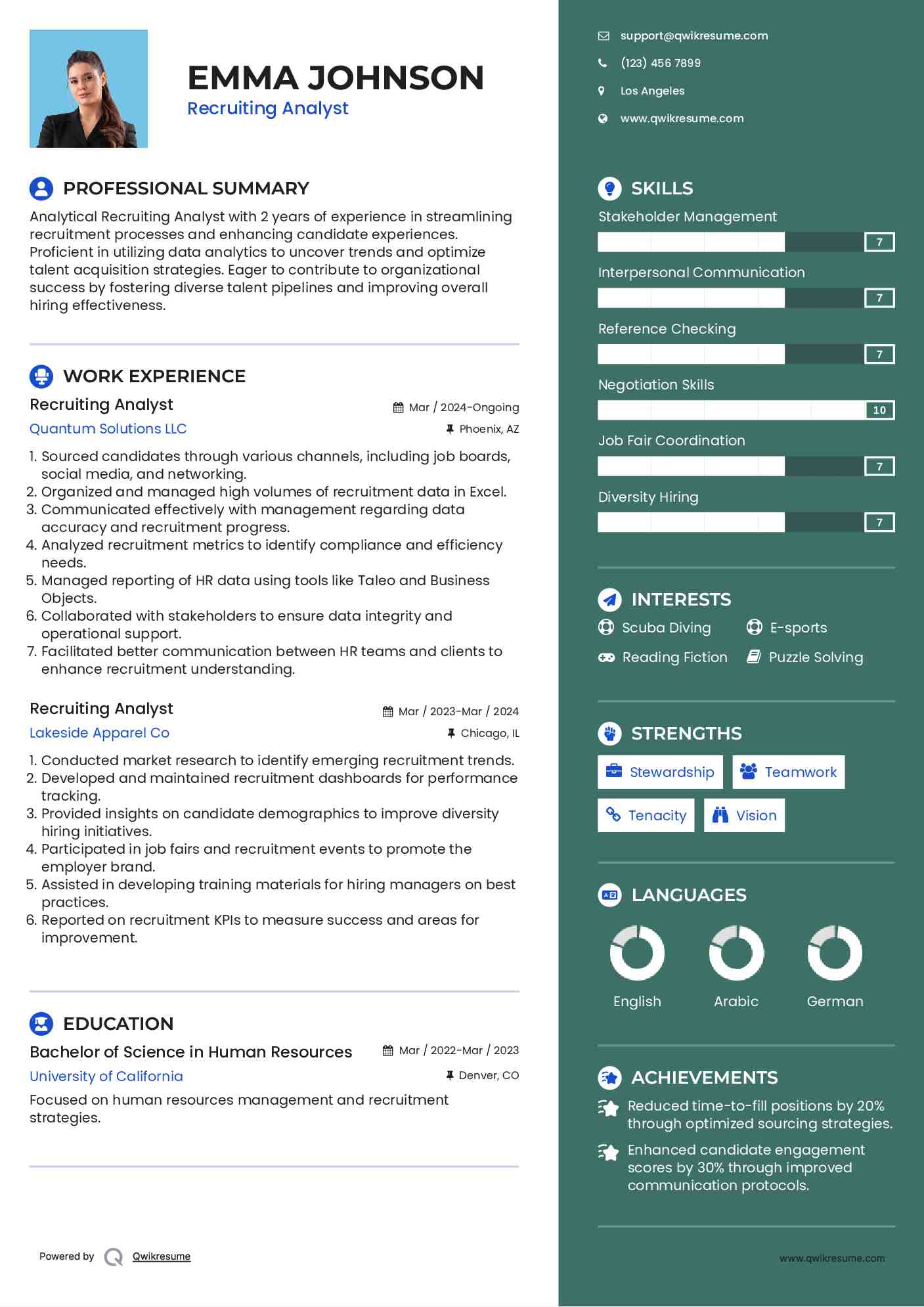 Recruiting Analyst Resume Example