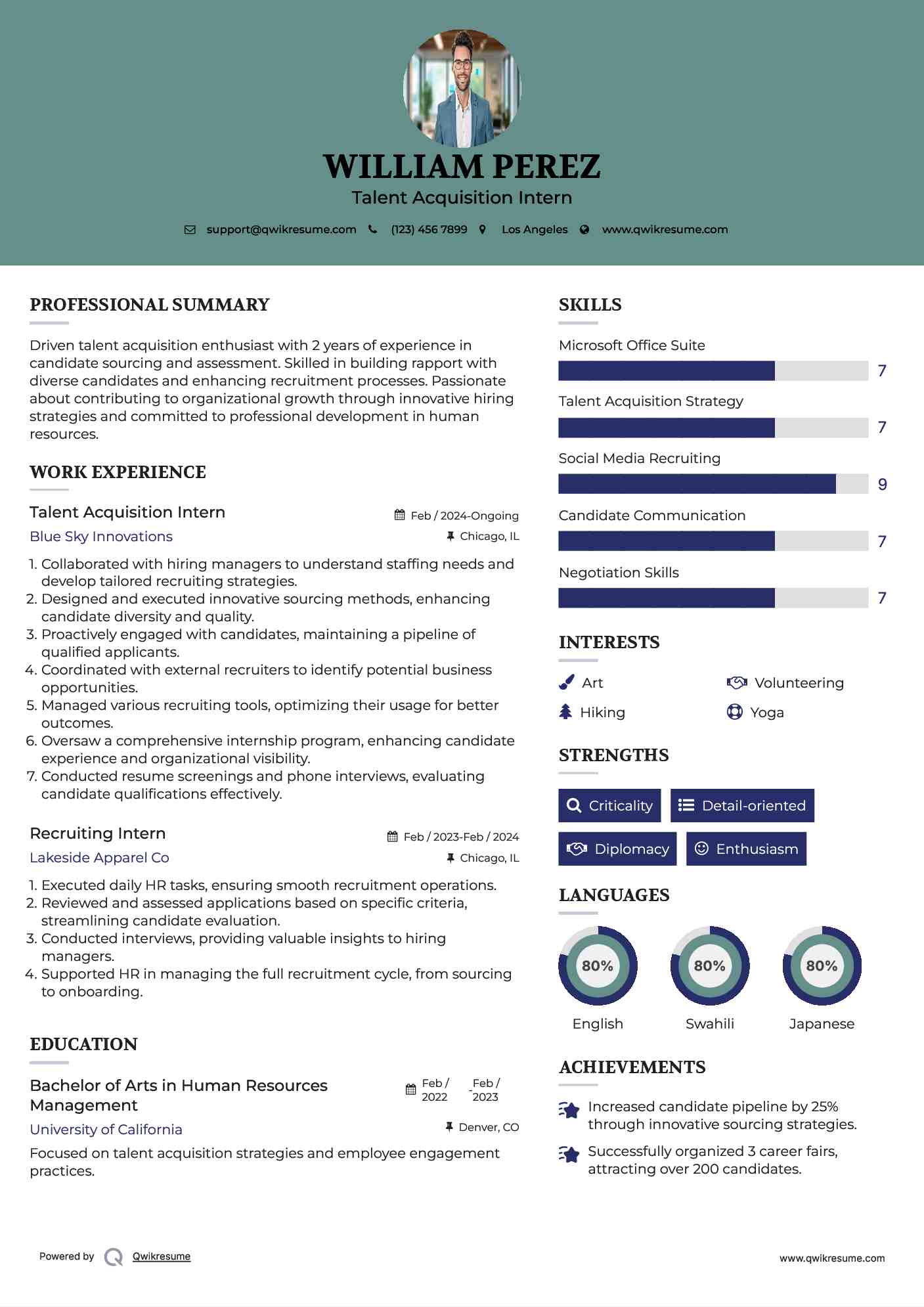 Talent Acquisition Intern Resume Model