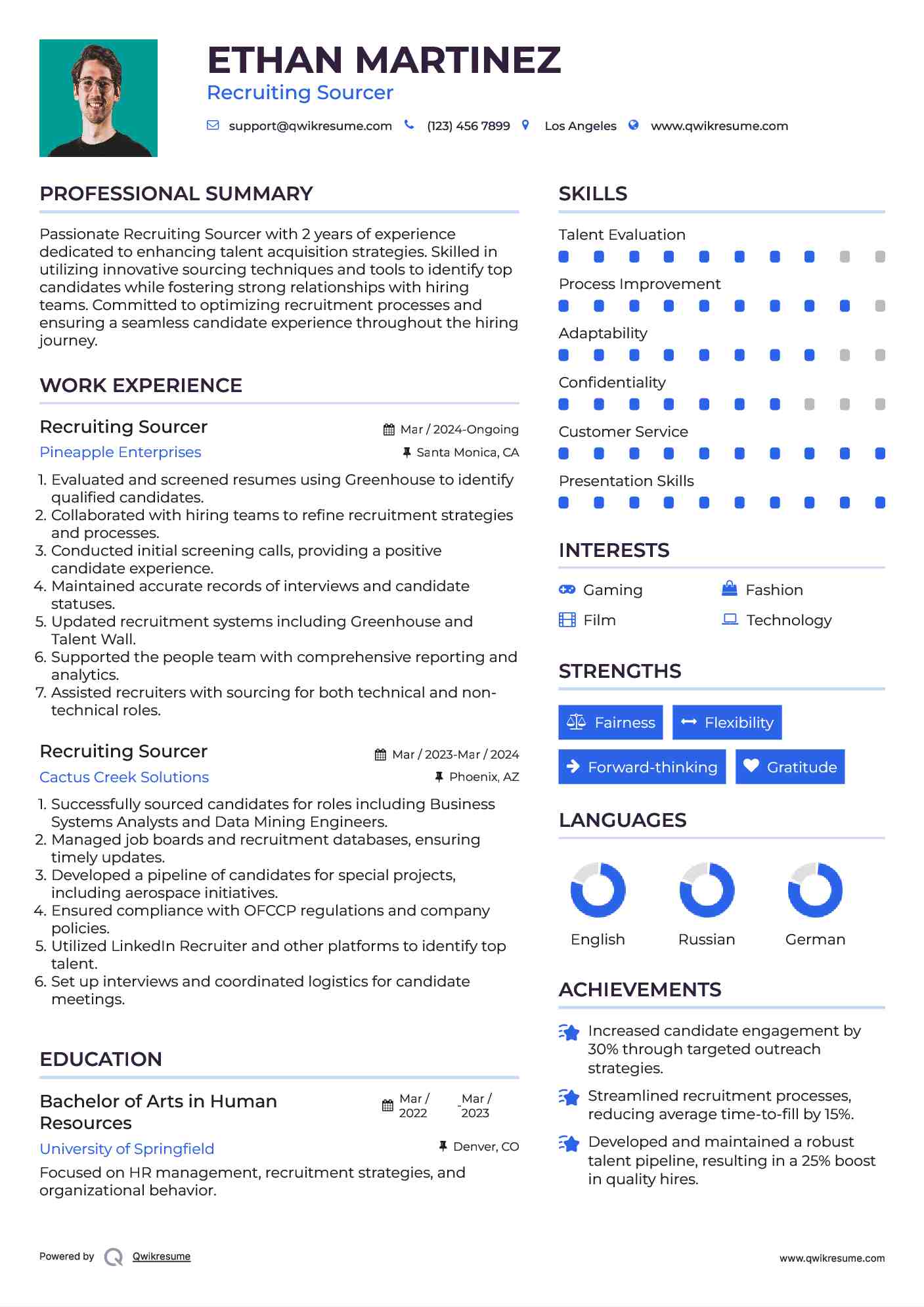Recruiting Sourcer Resume Sample
