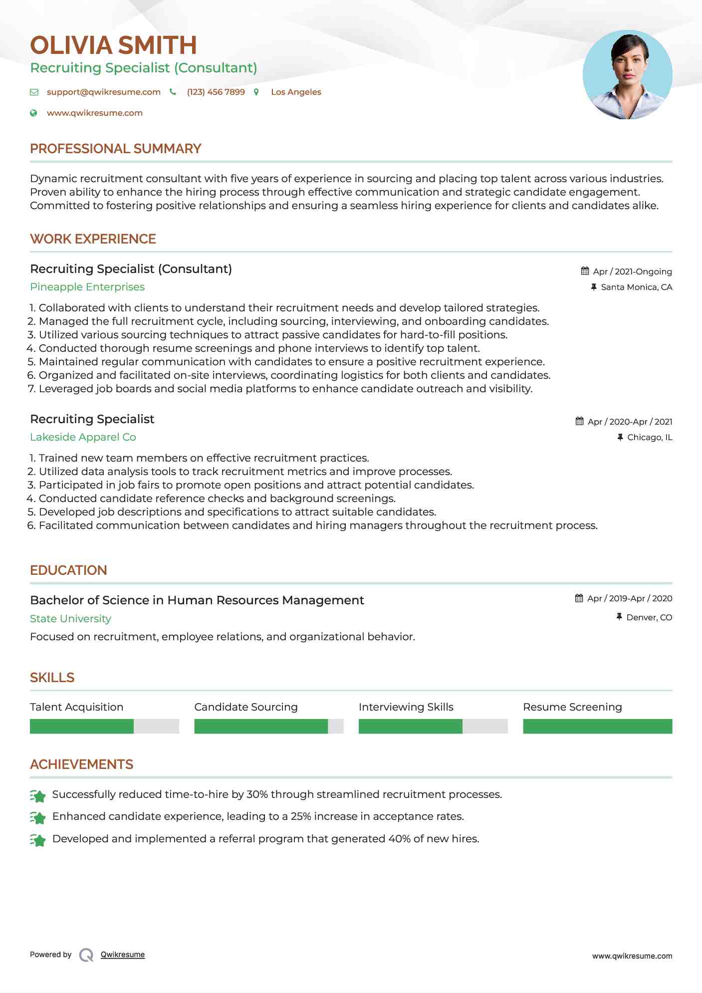 Recruiting Specialist (Consultant) Resume Model