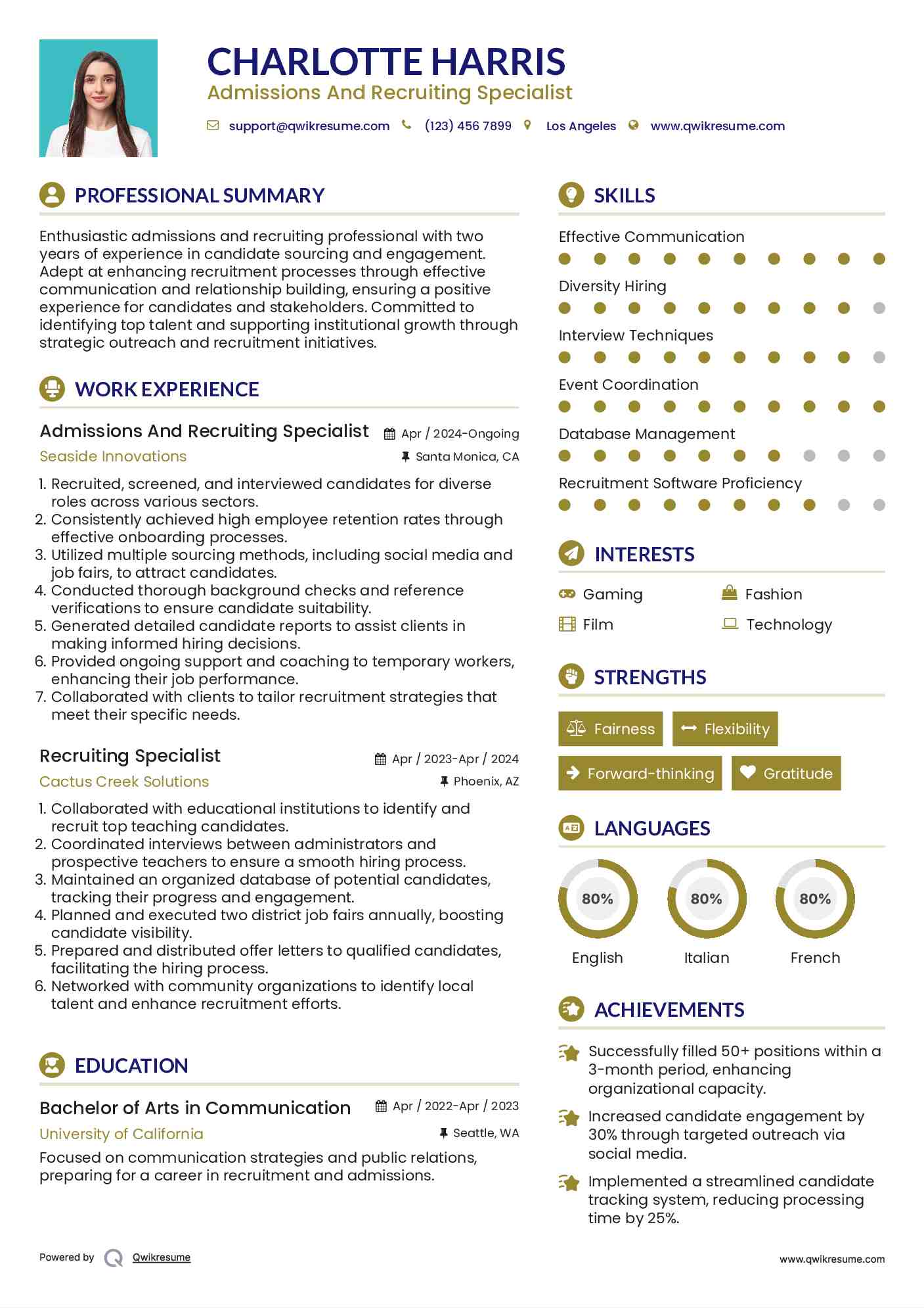 Admissions And Recruiting Specialist Resume Model