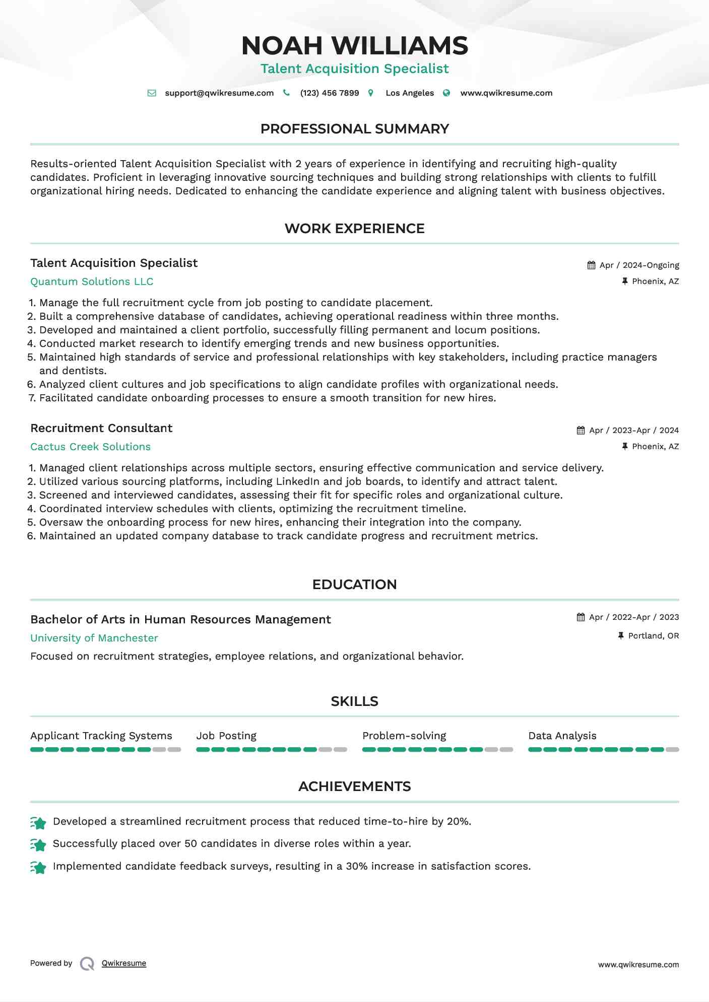 Talent Acquisition Specialist Resume Format