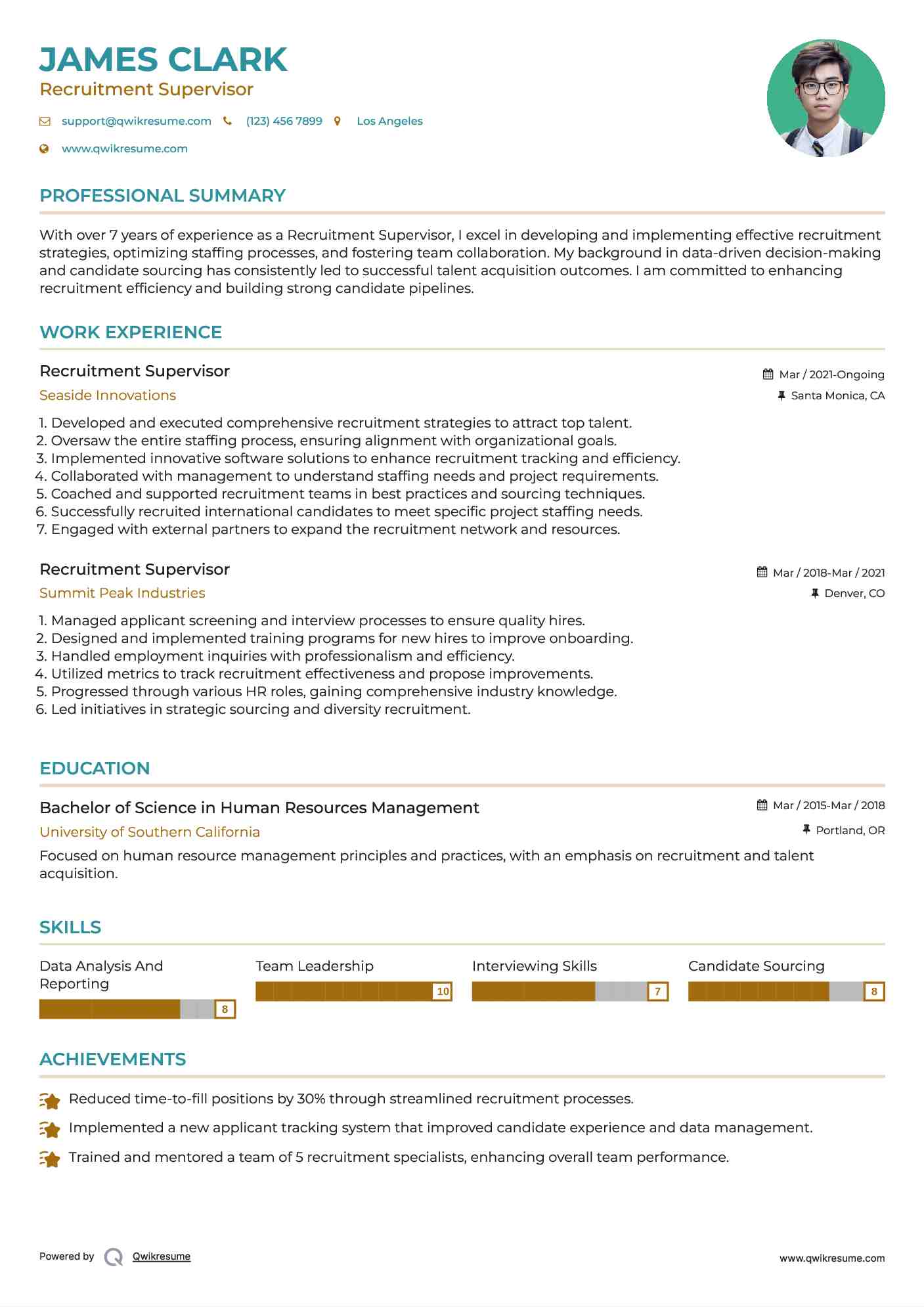 Recruitment Supervisor Resume Example