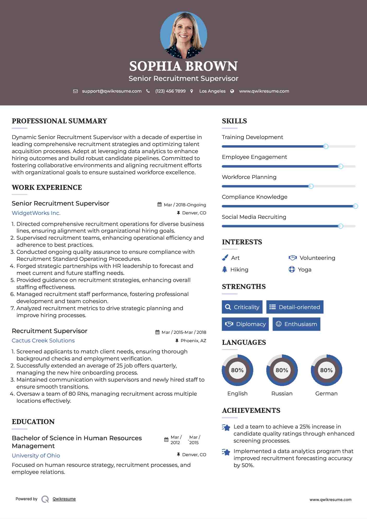 Senior Recruitment Supervisor Resume Sample