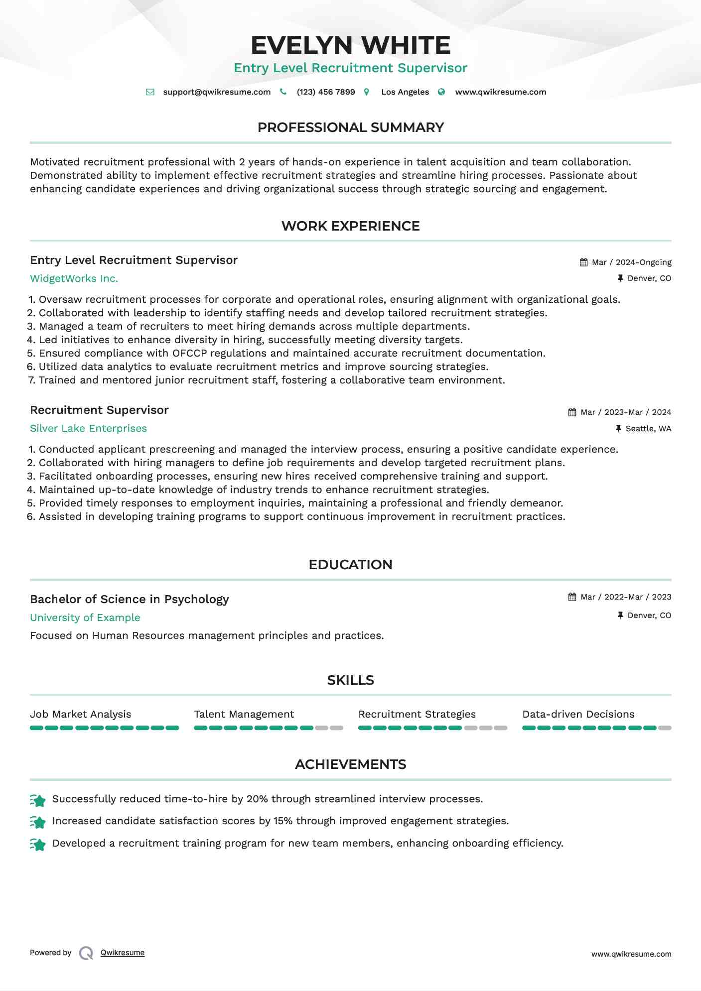 Entry Level Recruitment Supervisor Resume Template