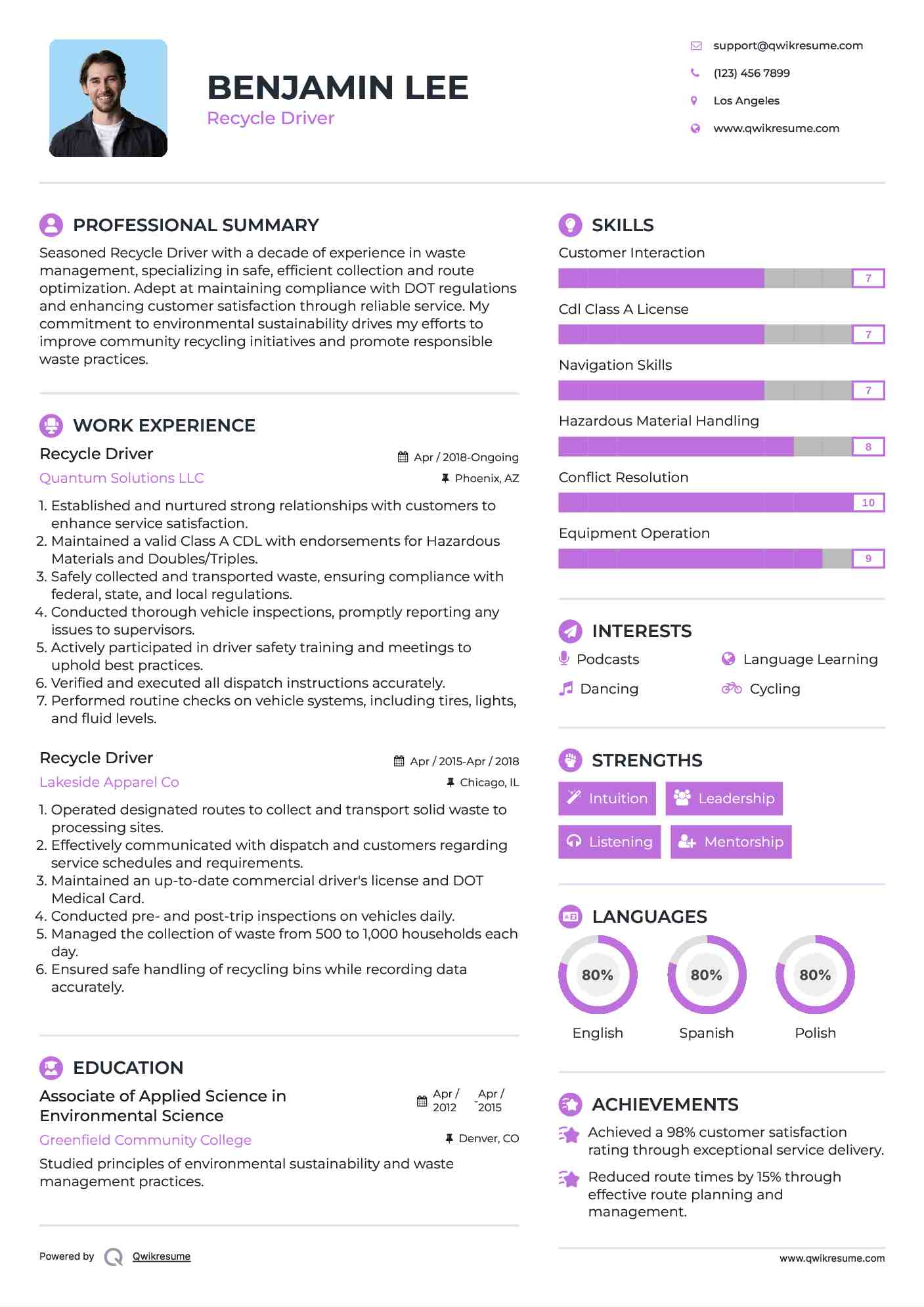 Recycle Driver Resume Example
