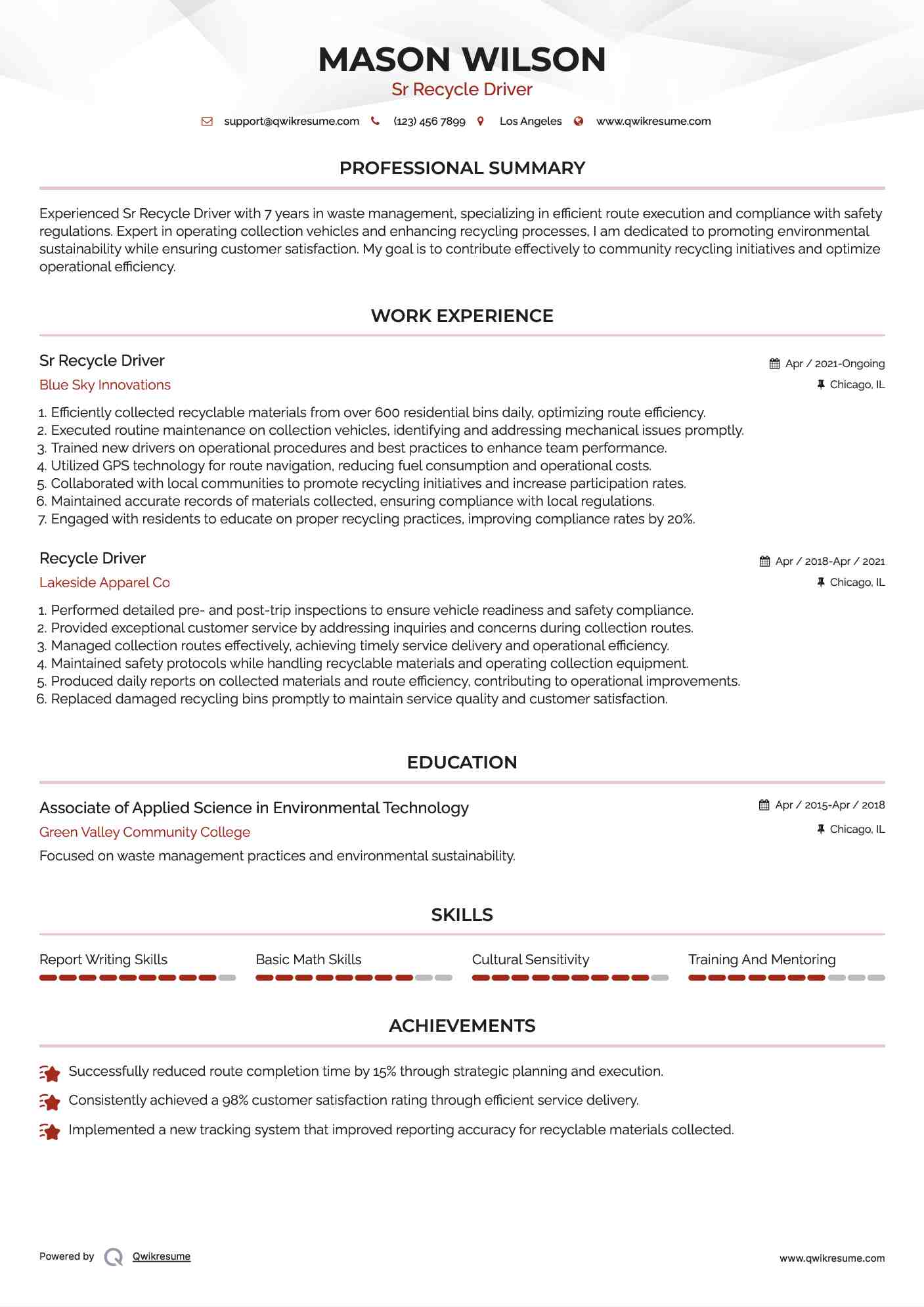 Sr Recycle Driver Resume Format
