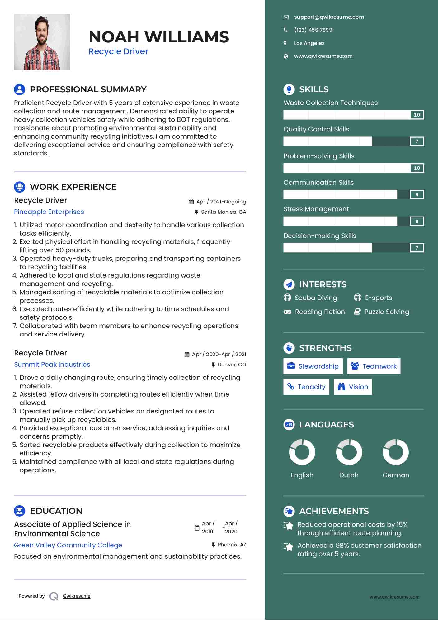 Recycle Driver Resume Sample