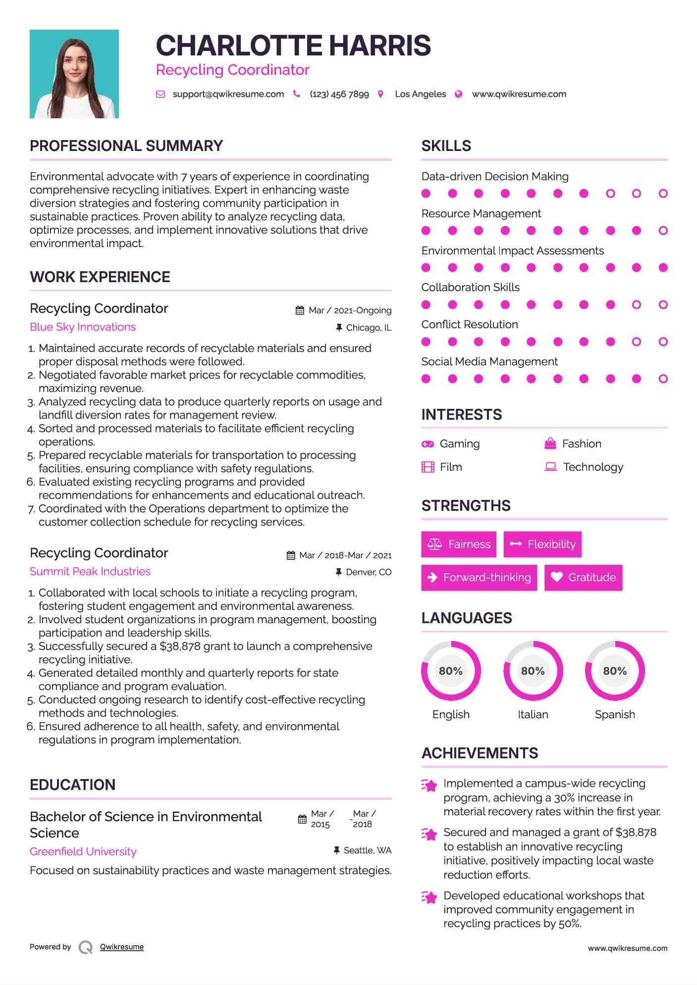 Recycling Coordinator Resume Template