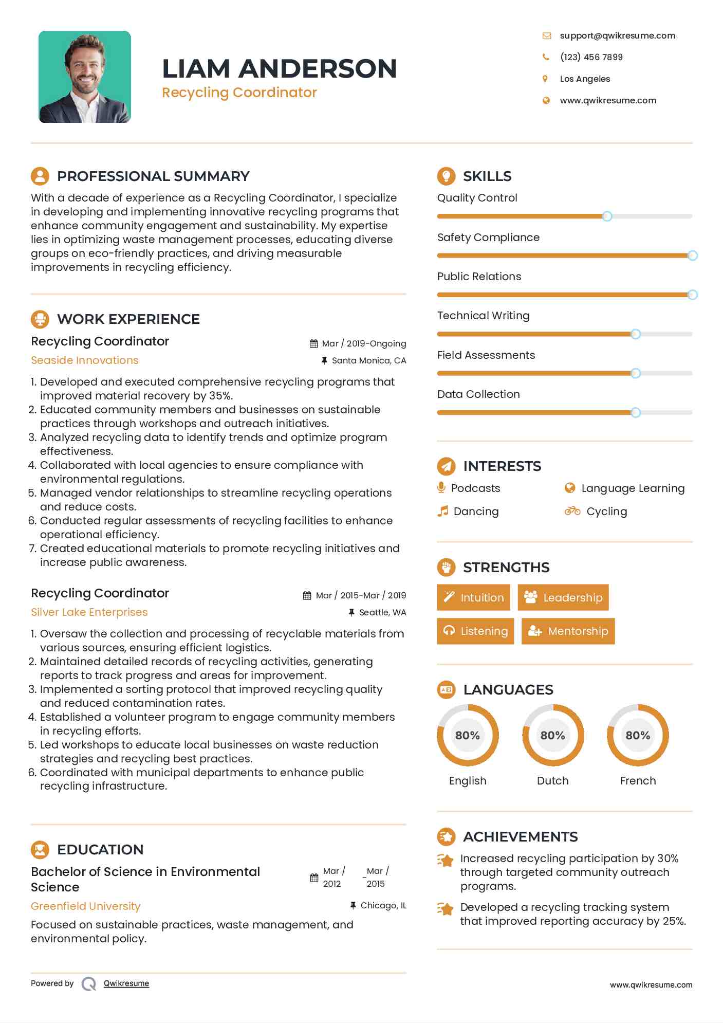 Recycling Coordinator Resume Example