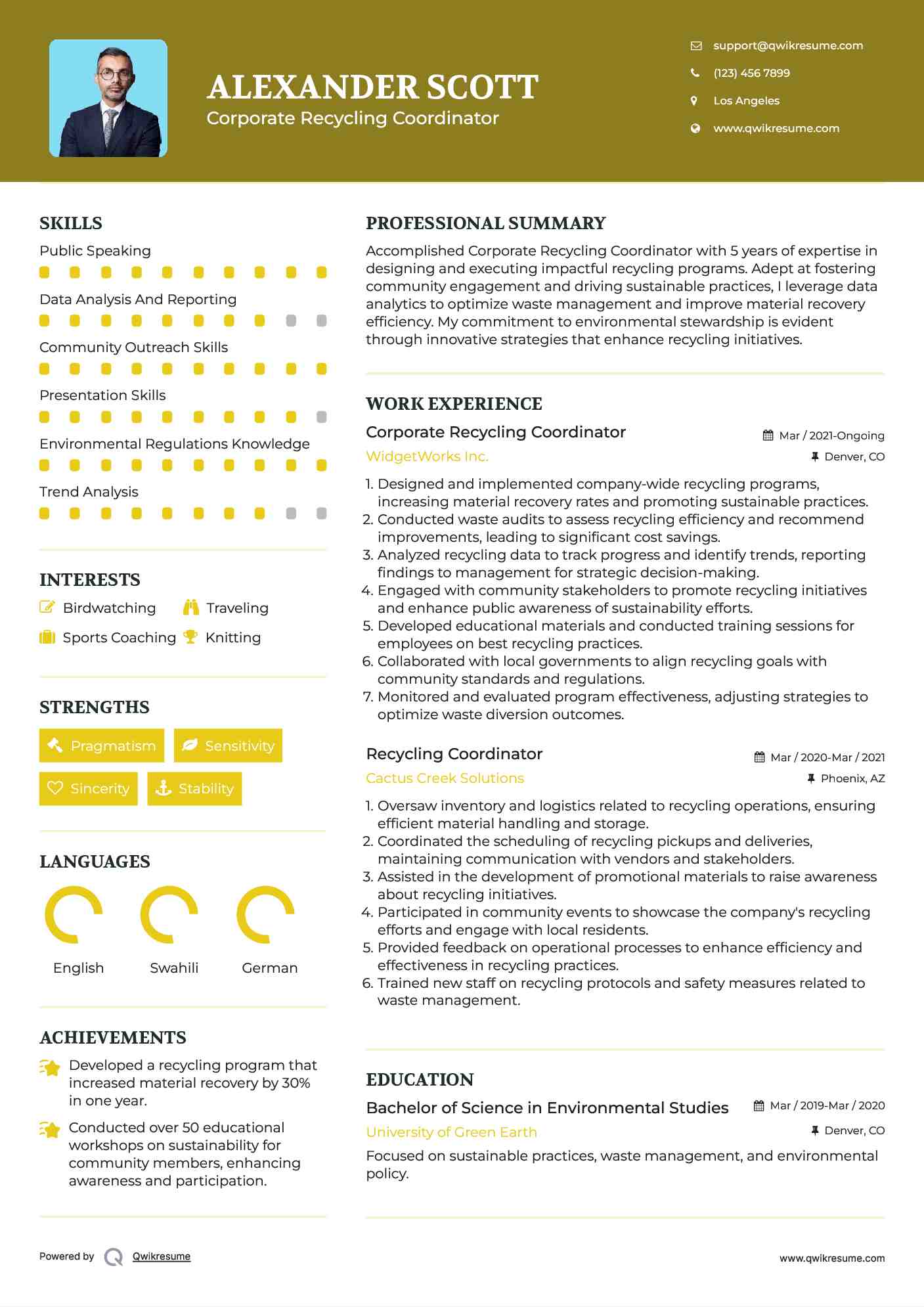 Corporate Recycling Coordinator Resume Sample