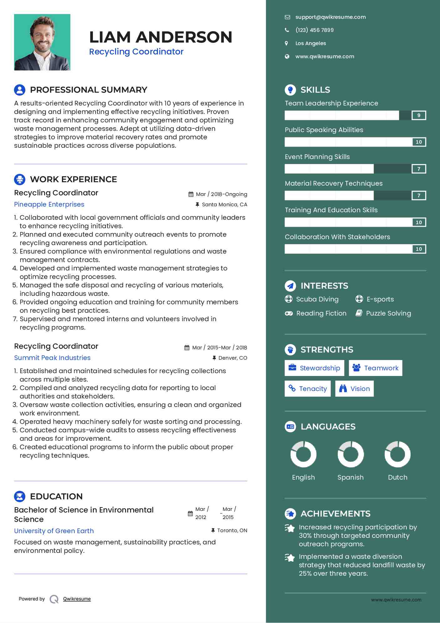Recycling Coordinator Resume Example