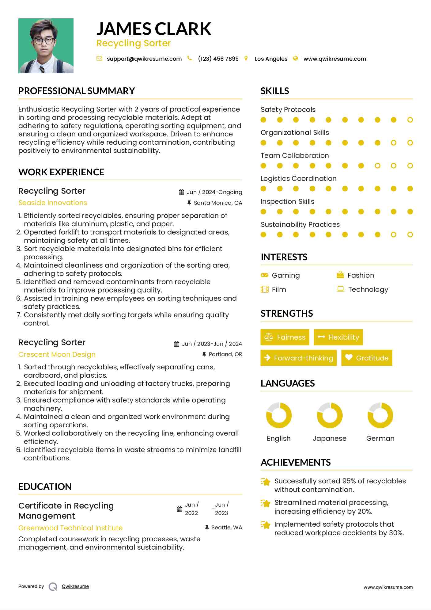 Recycling Sorter Resume Template