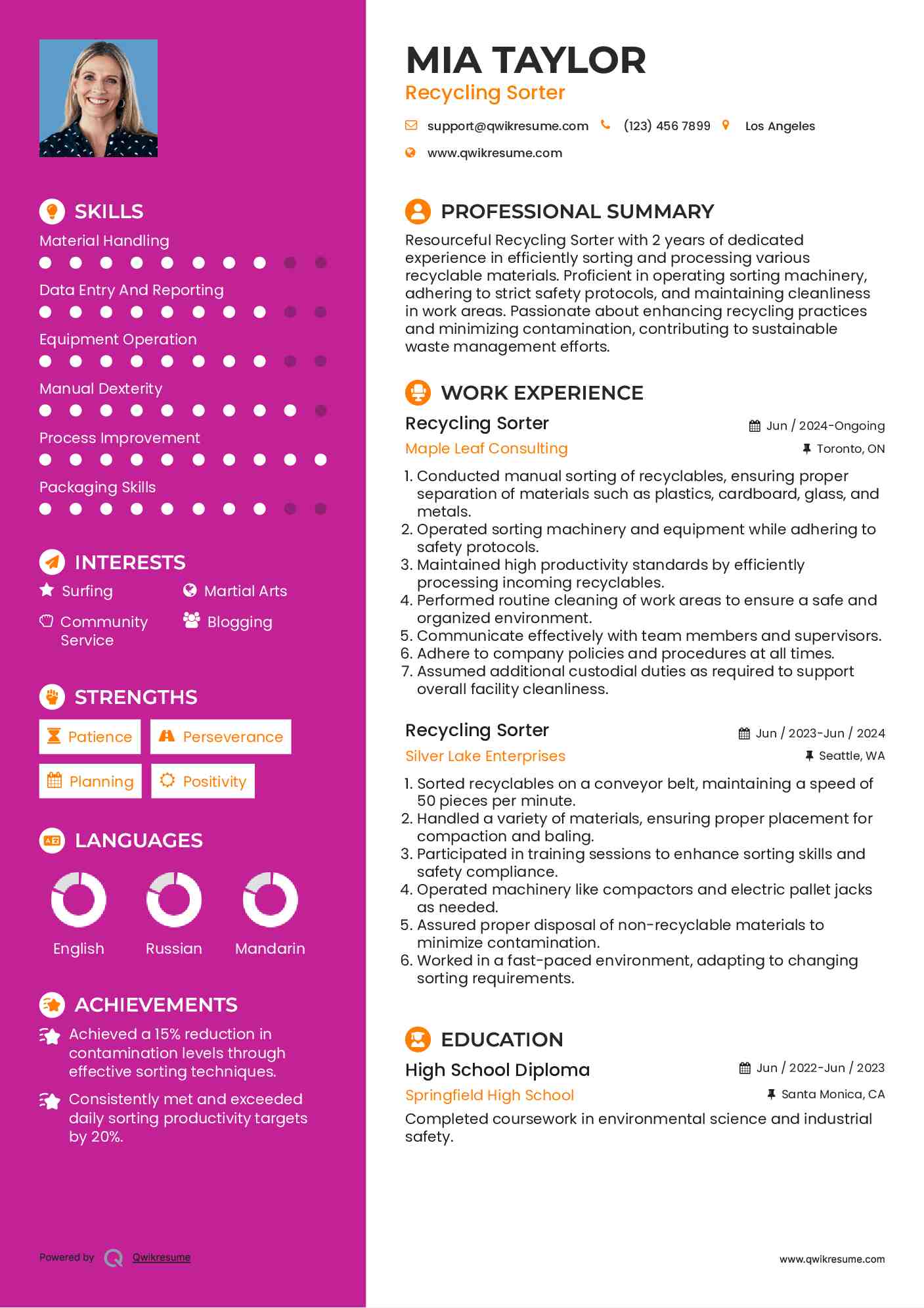 Recycling Sorter Resume Format
