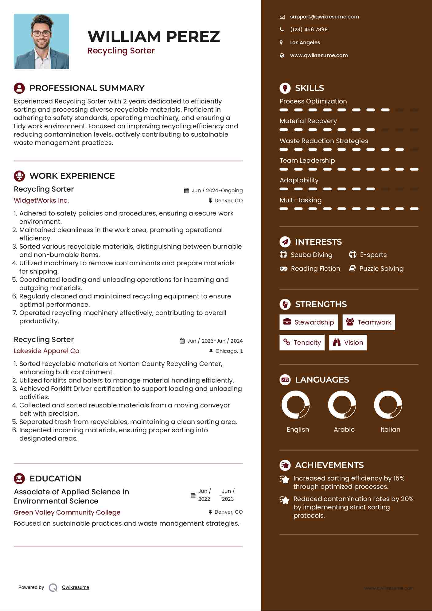 Recycling Sorter Resume Template