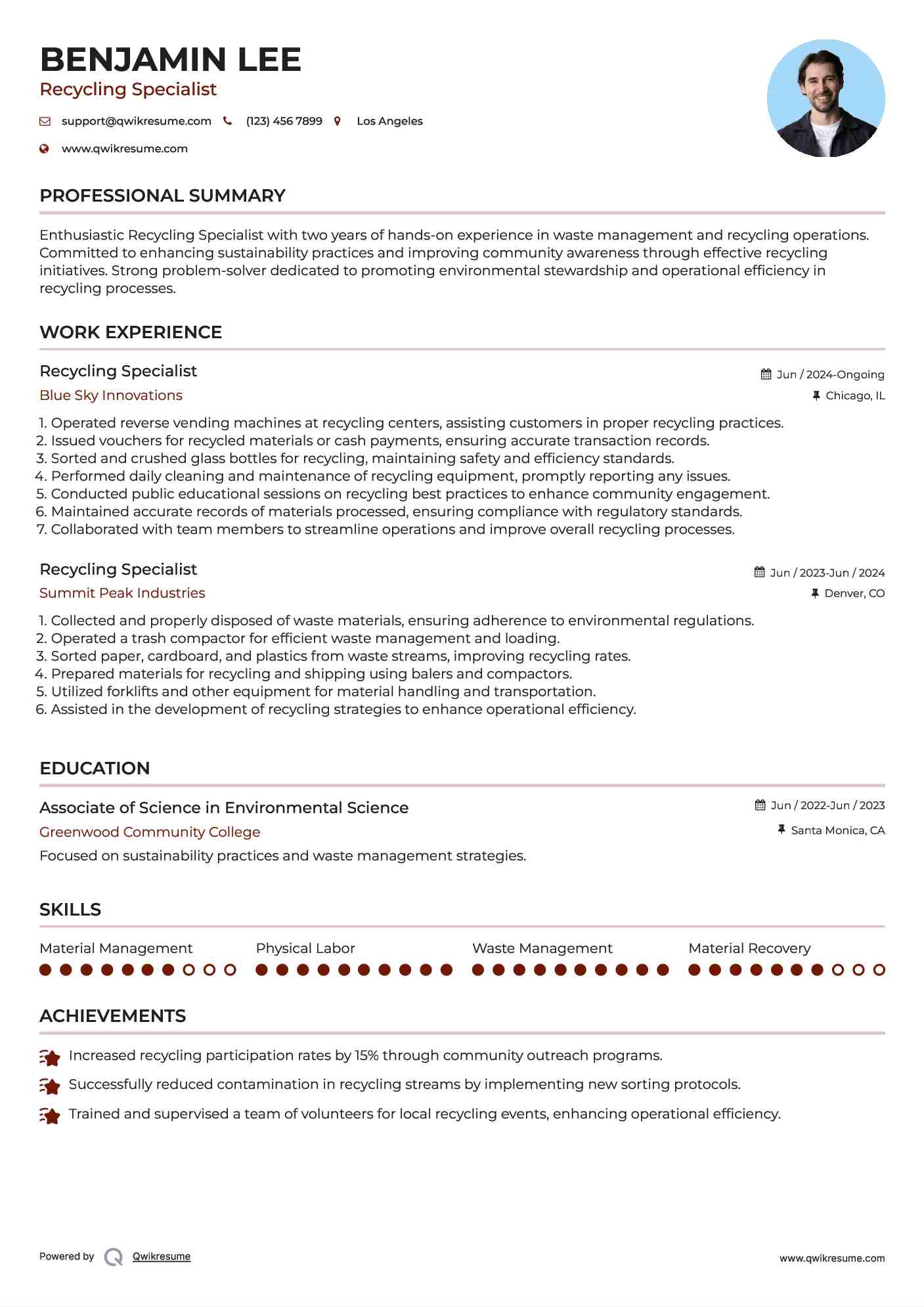 Recycling Specialist Resume Format