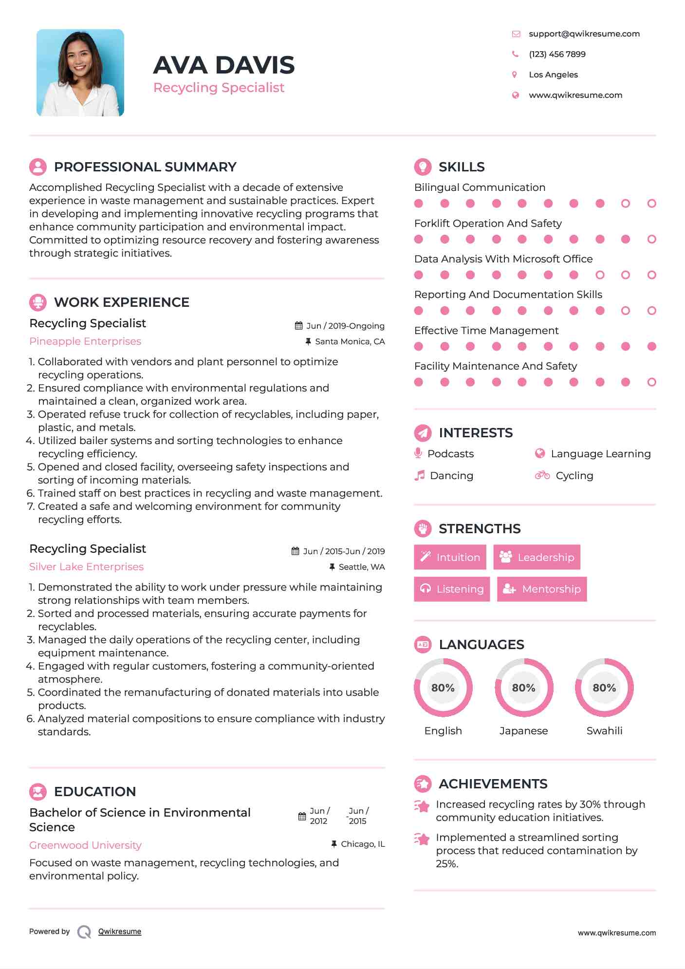 Recycling Specialist Resume Example