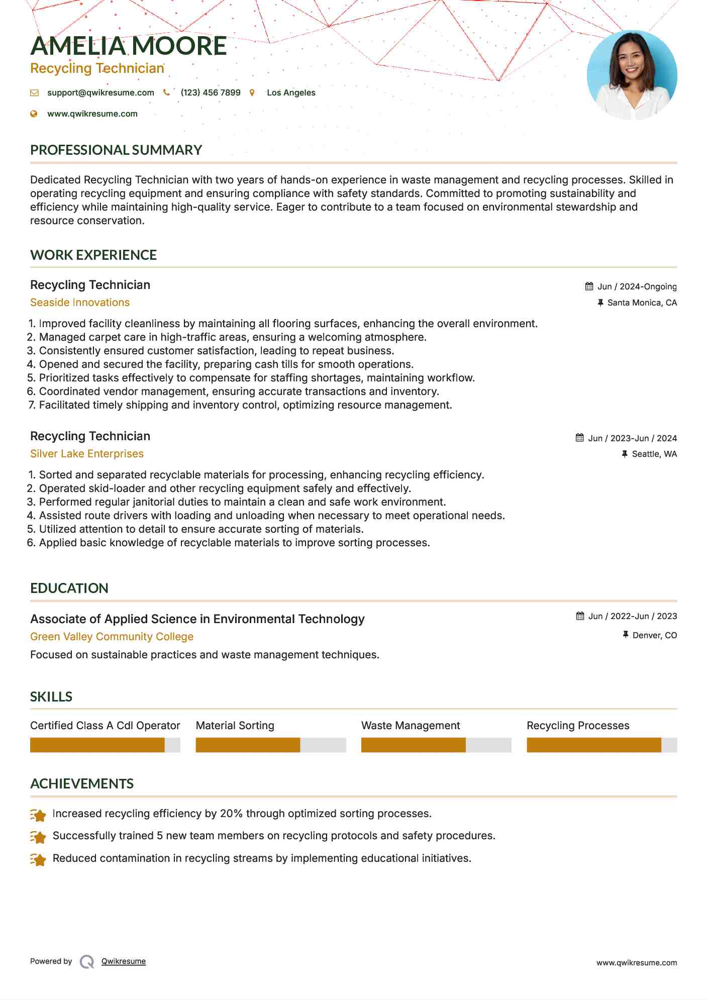Recycling Technician Resume Model