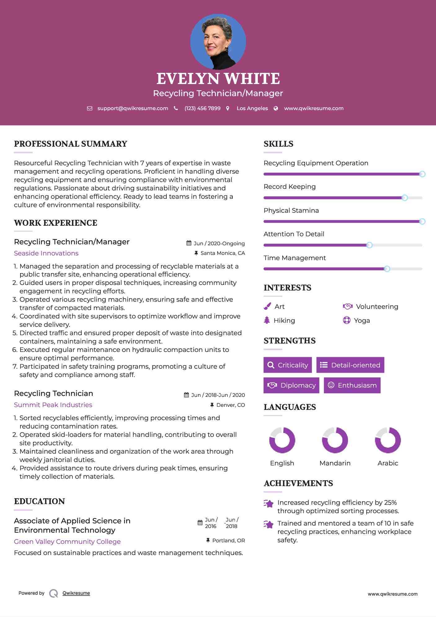 Recycling Technician/Manager Resume Example