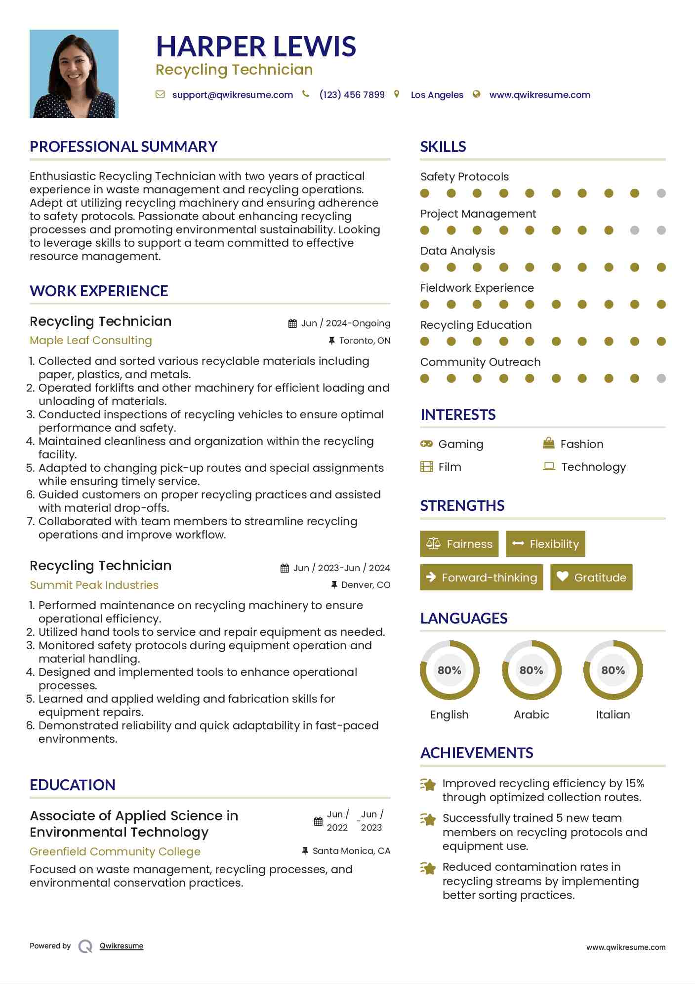 Recycling Technician Resume Model