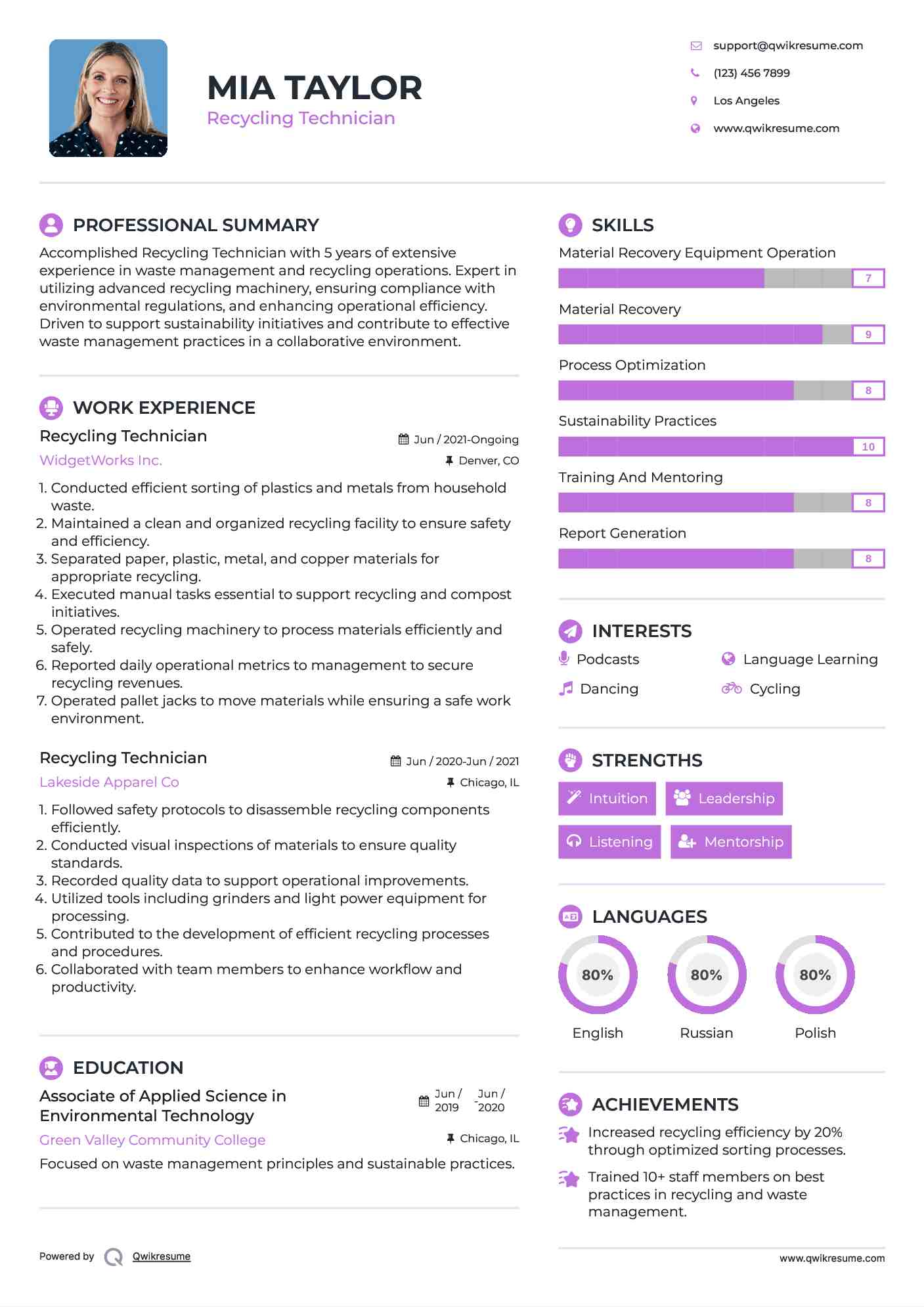 Recycling Technician Resume Model