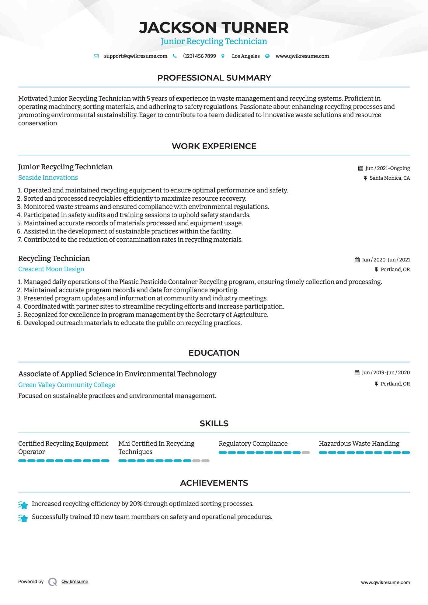 Junior Recycling Technician Resume Sample