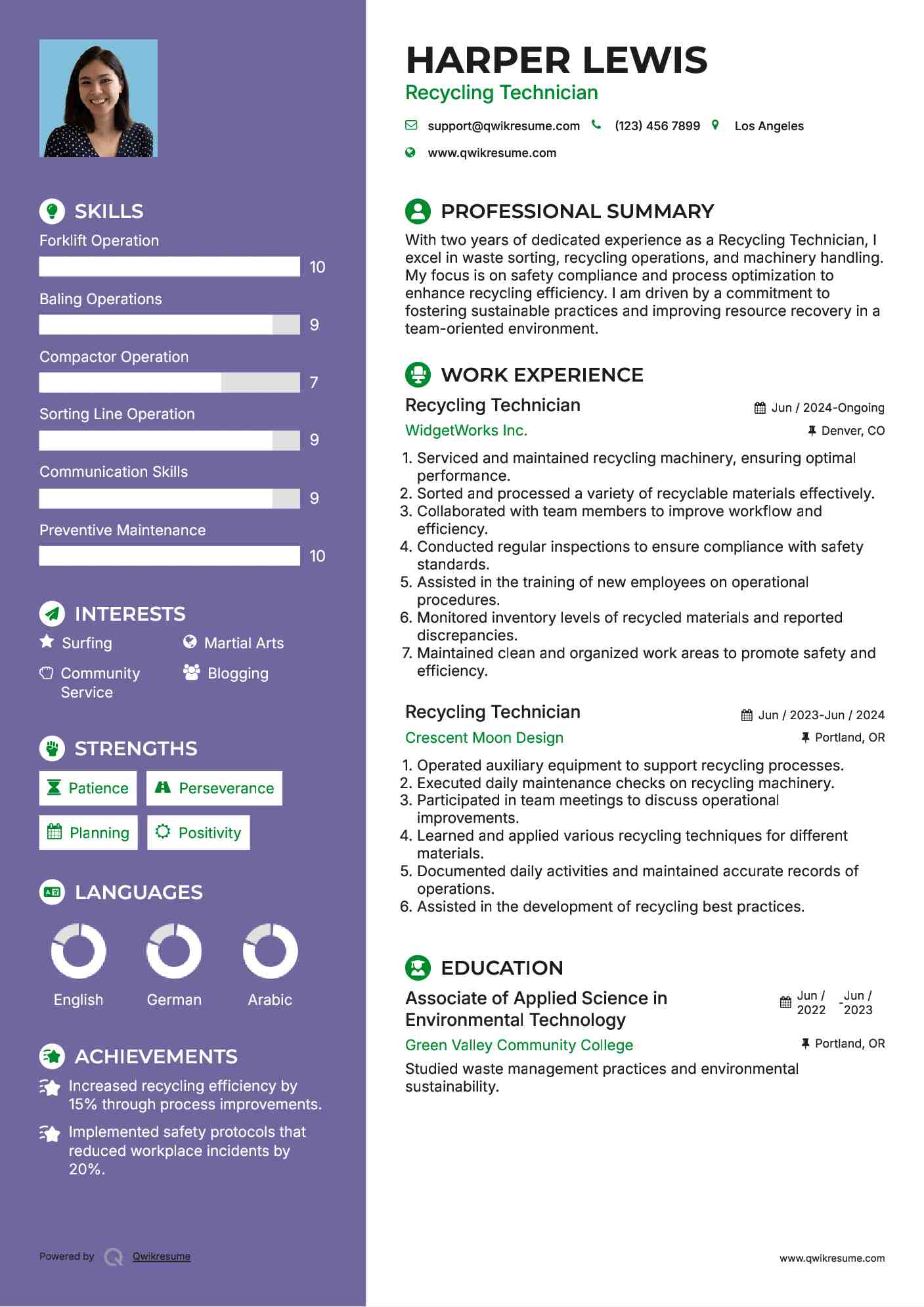 Recycling Technician Resume Example