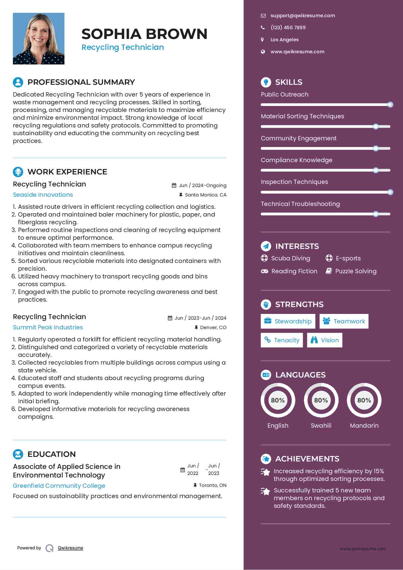 Recycling Technician Resume Sample