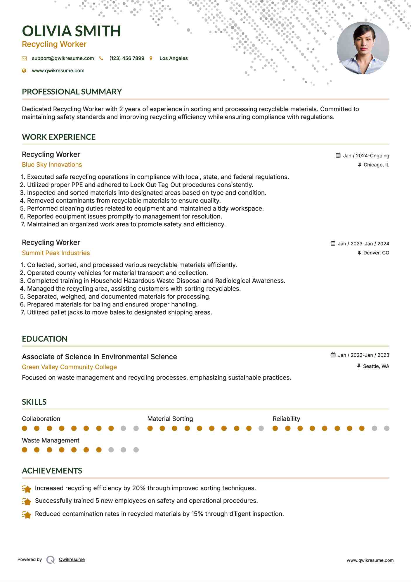 Recycling Worker Resume Sample