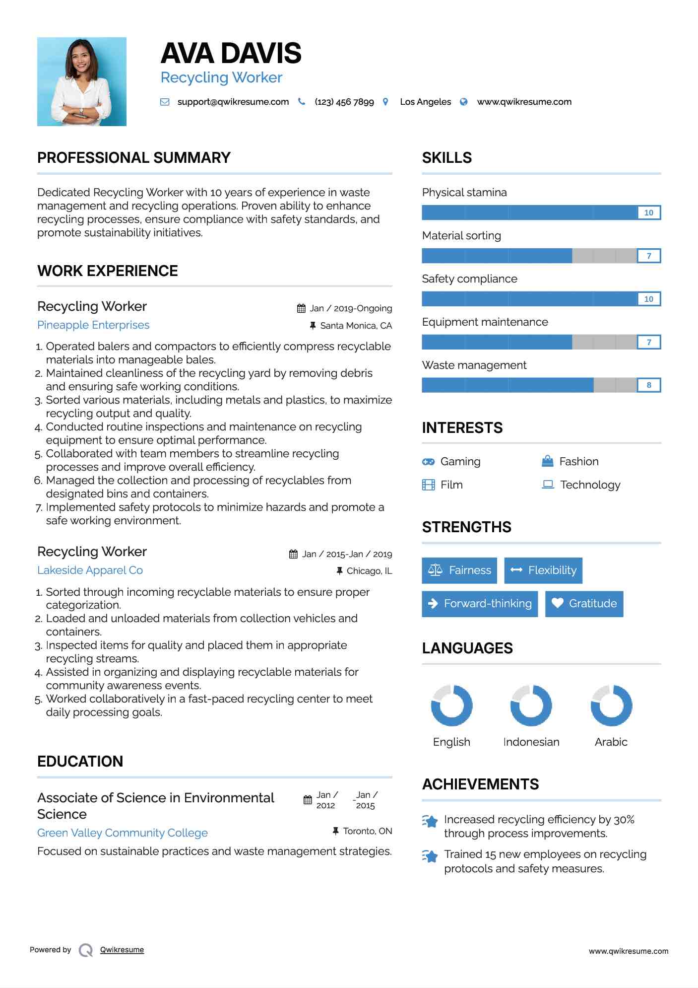 Recycling Worker Resume Format