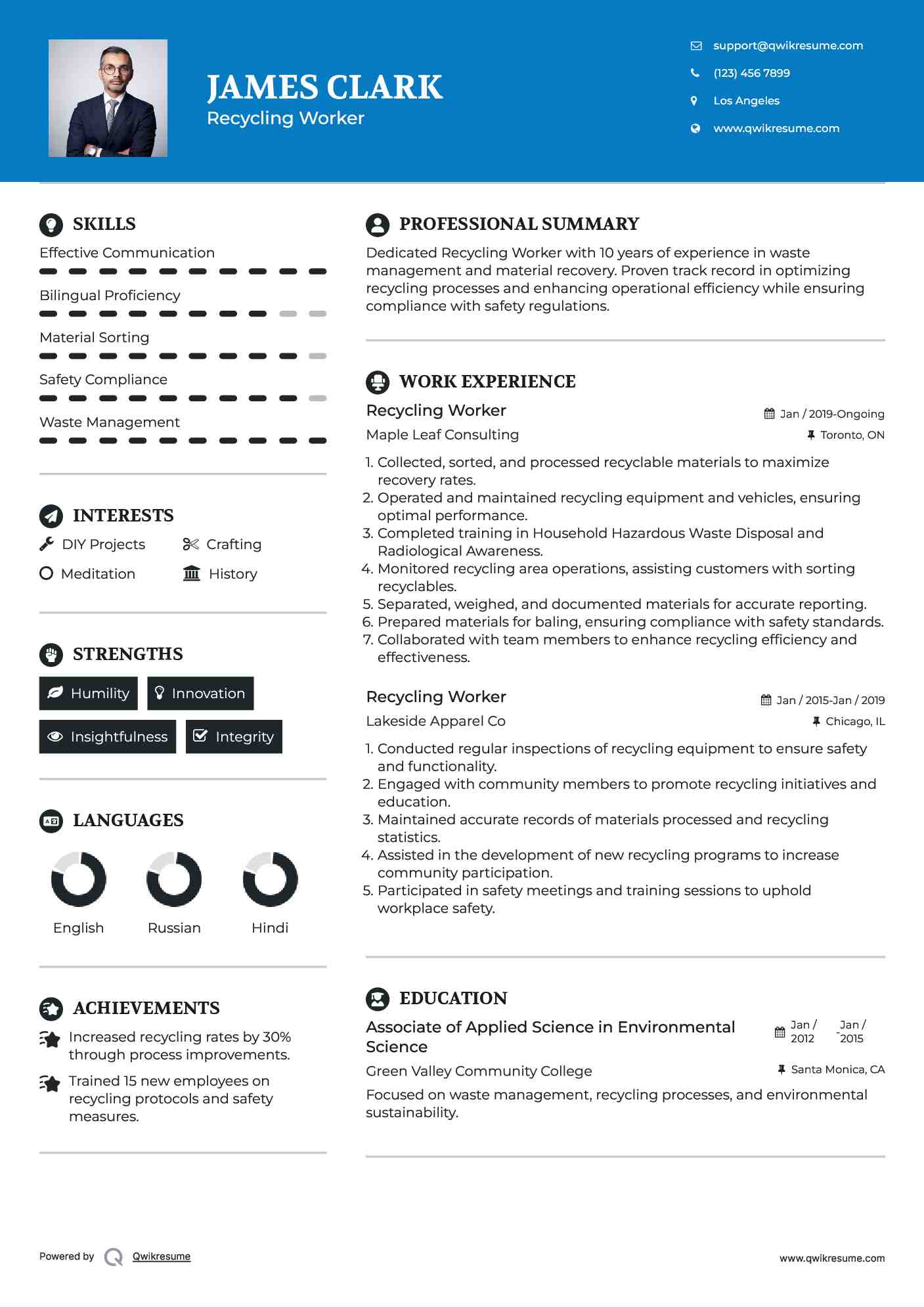 Recycling Worker Resume Template