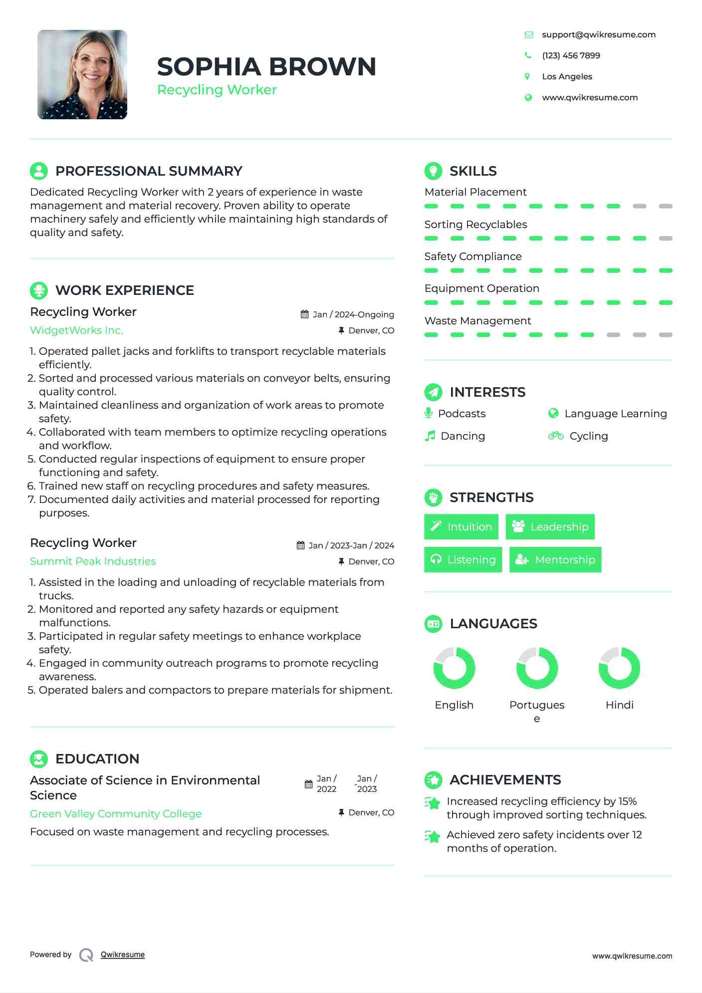 Recycling Worker Resume Format