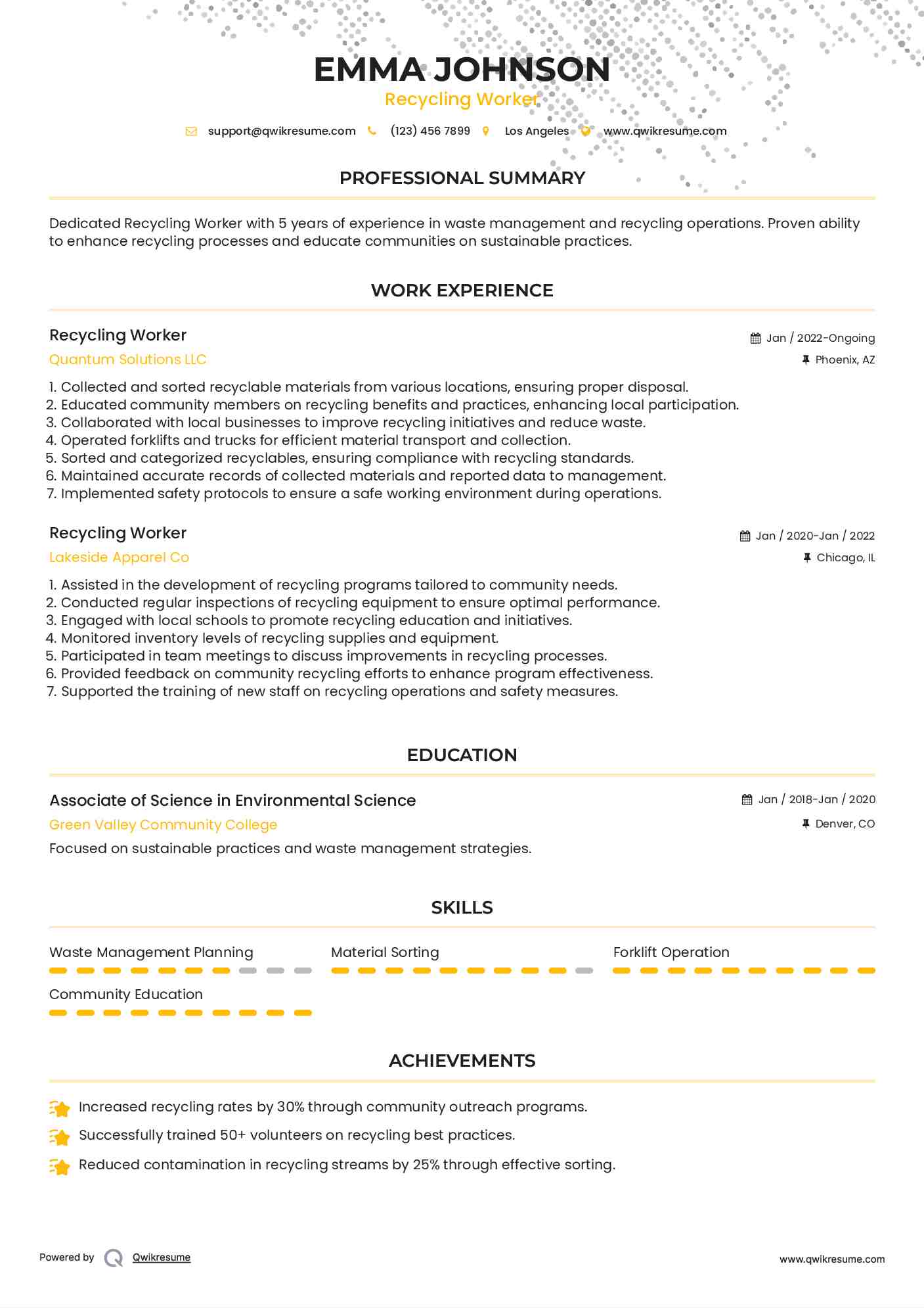 Recycling Worker Resume Template