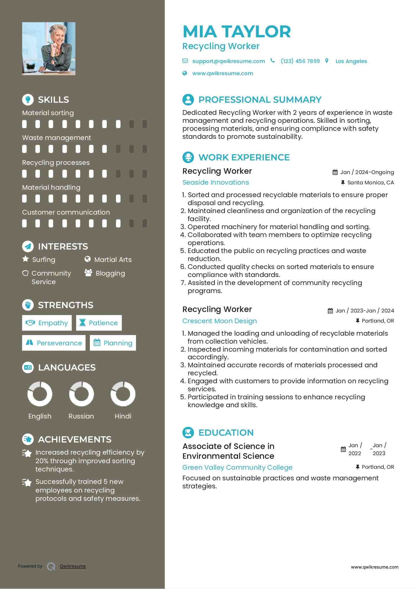 Recycling Worker Resume Sample