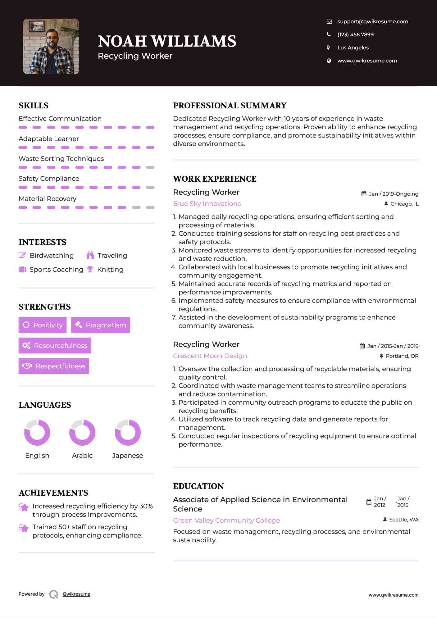 Recycling Worker Resume Sample