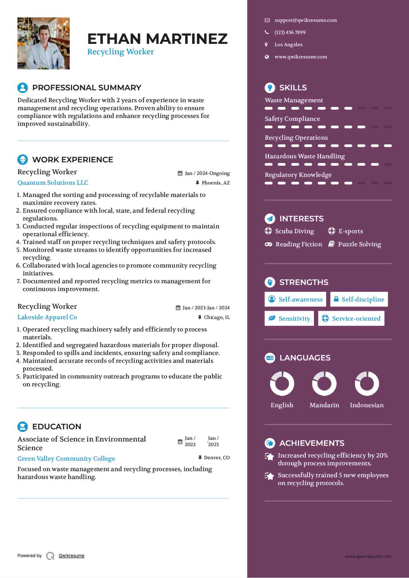 Recycling Worker Resume Sample