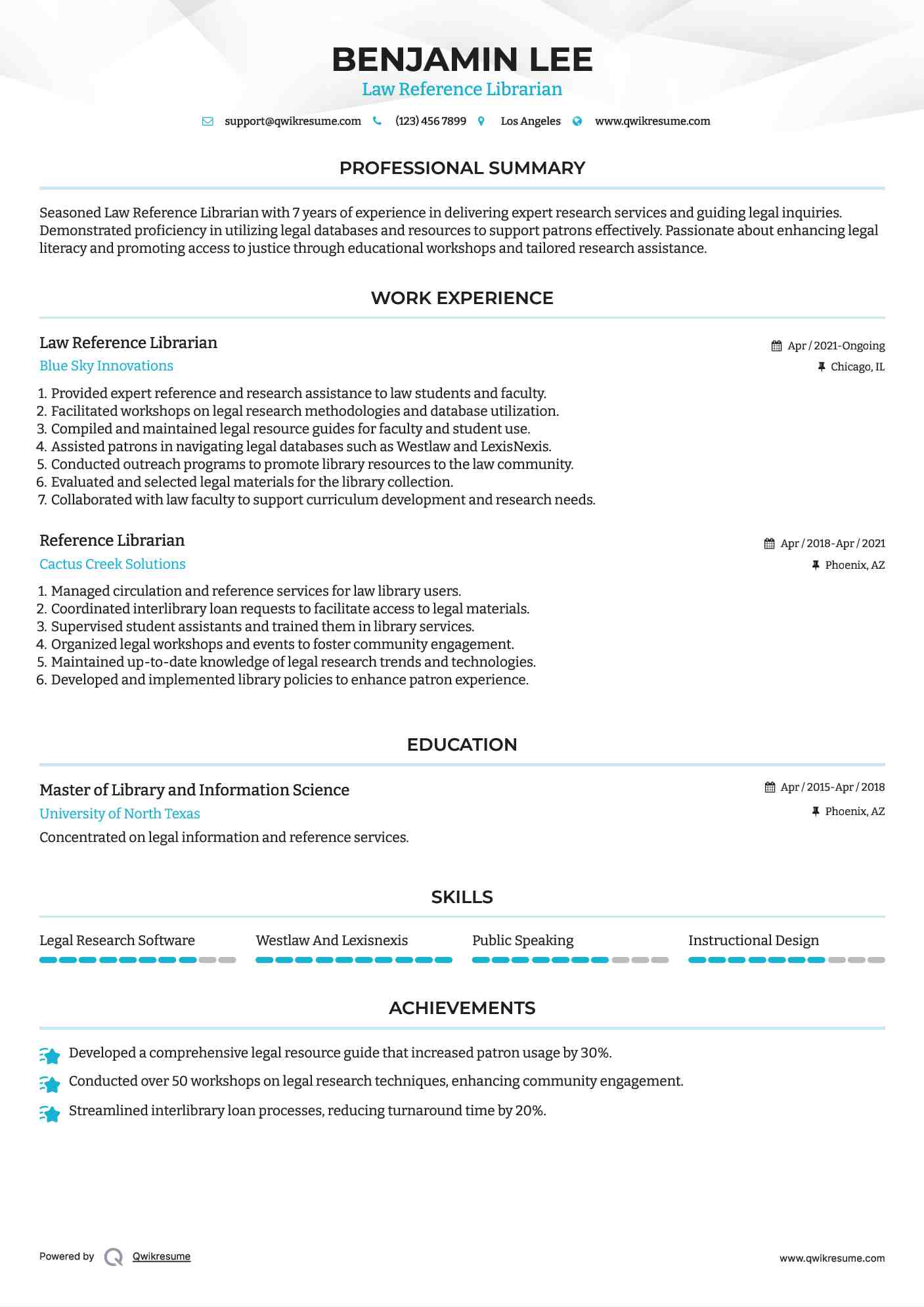 Law Reference Librarian Resume Model