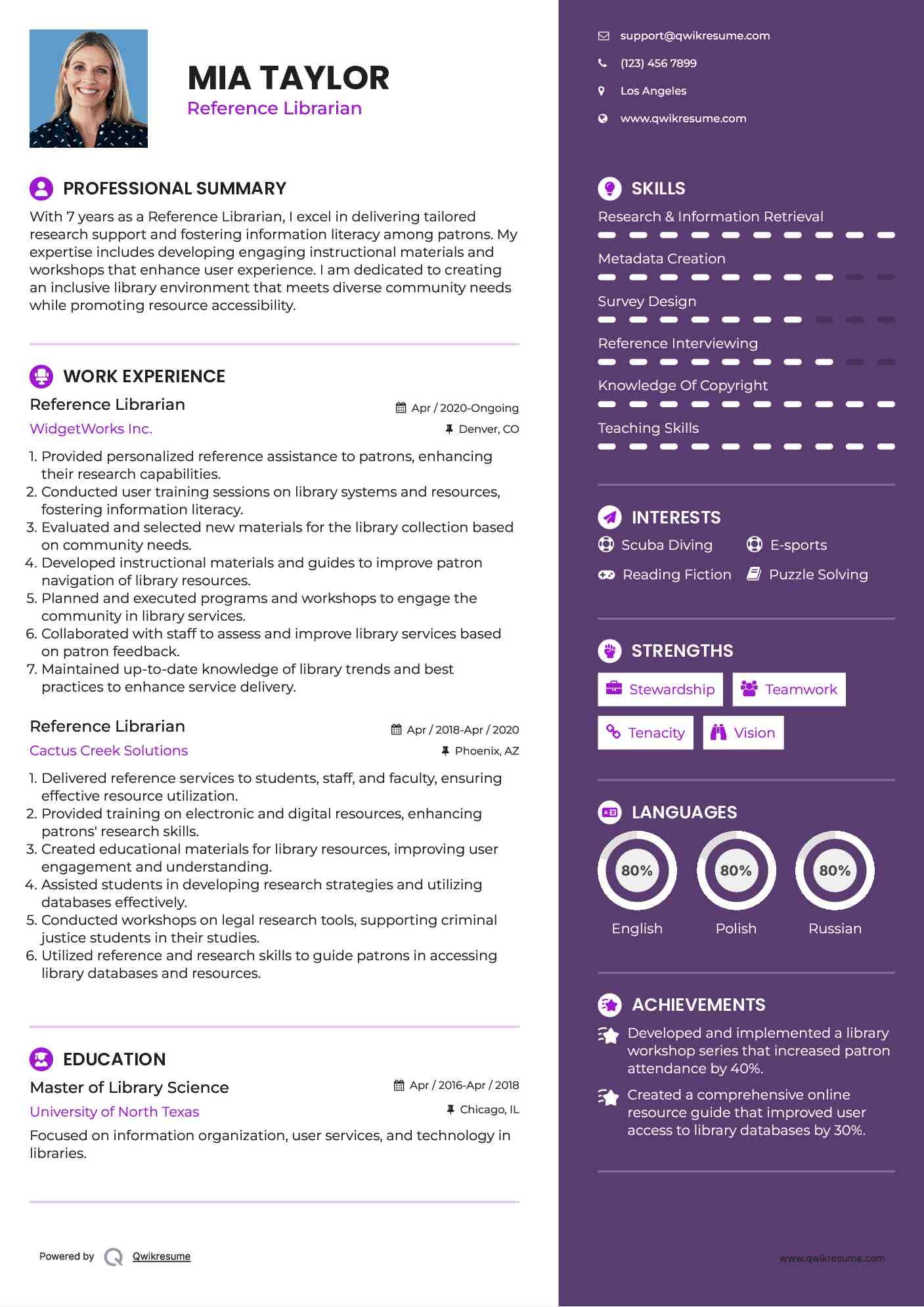 Reference Librarian Resume Example