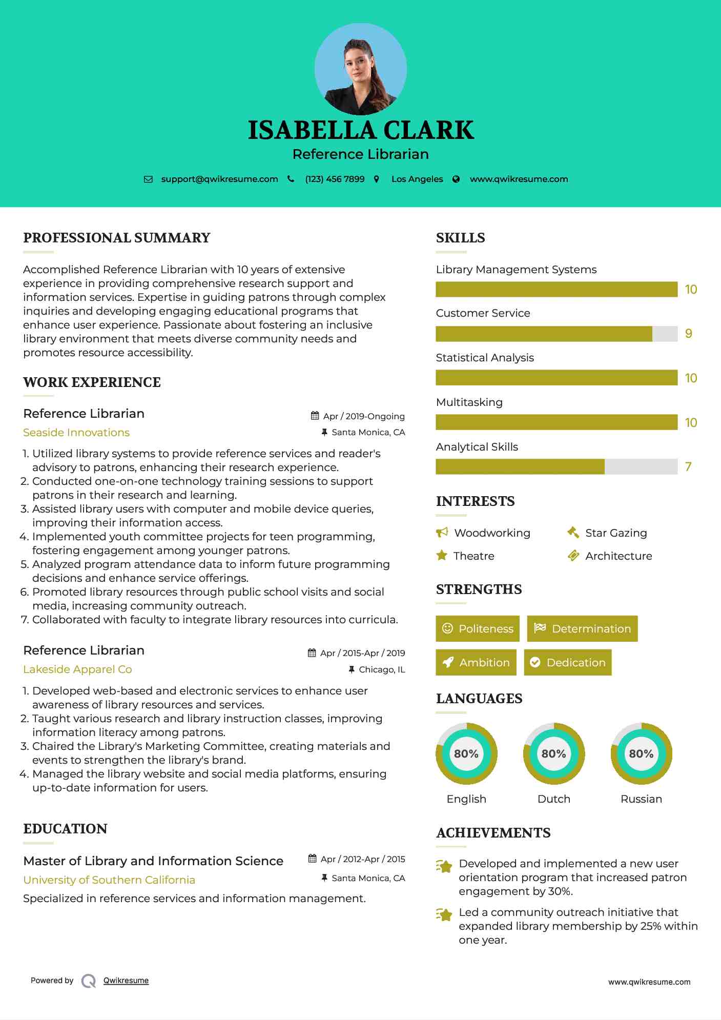 Reference Librarian Resume Sample