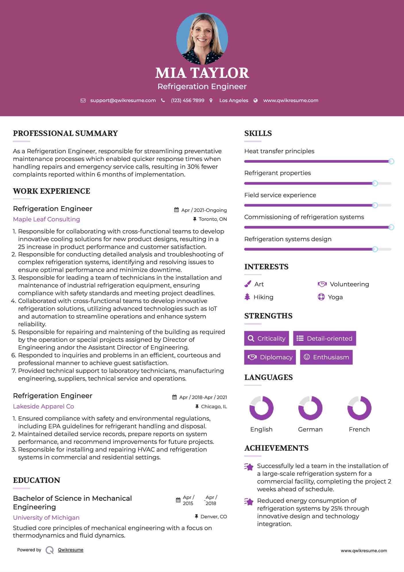 Refrigeration Engineer Resume Example