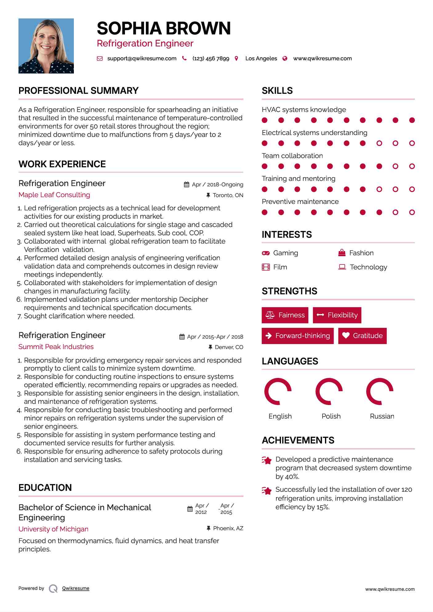 Refrigeration Engineer Resume Model