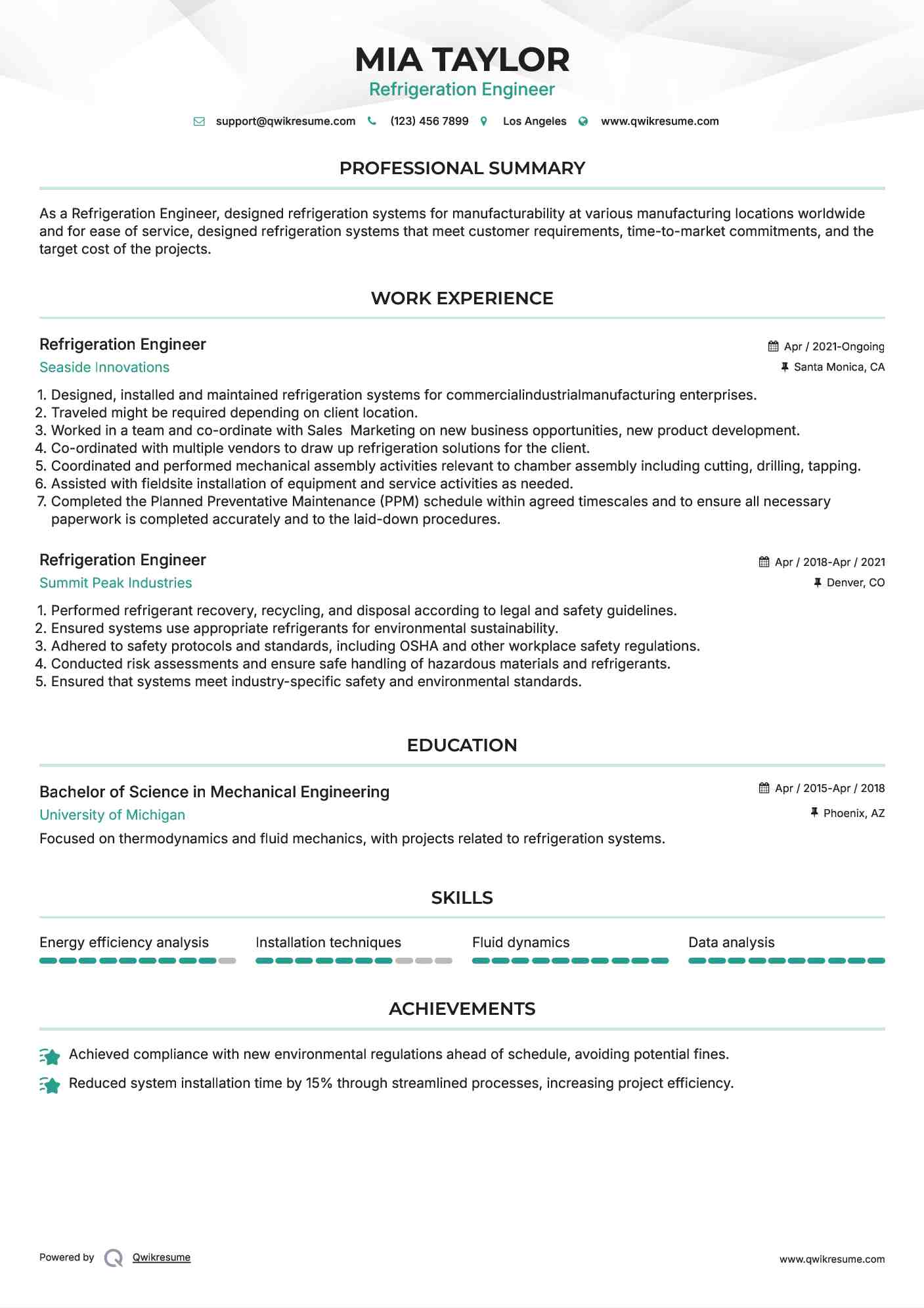 Refrigeration Engineer Resume Template