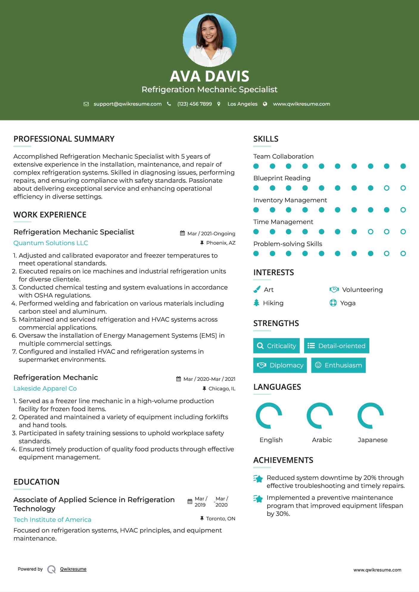 Refrigeration Mechanic Specialist Resume Sample