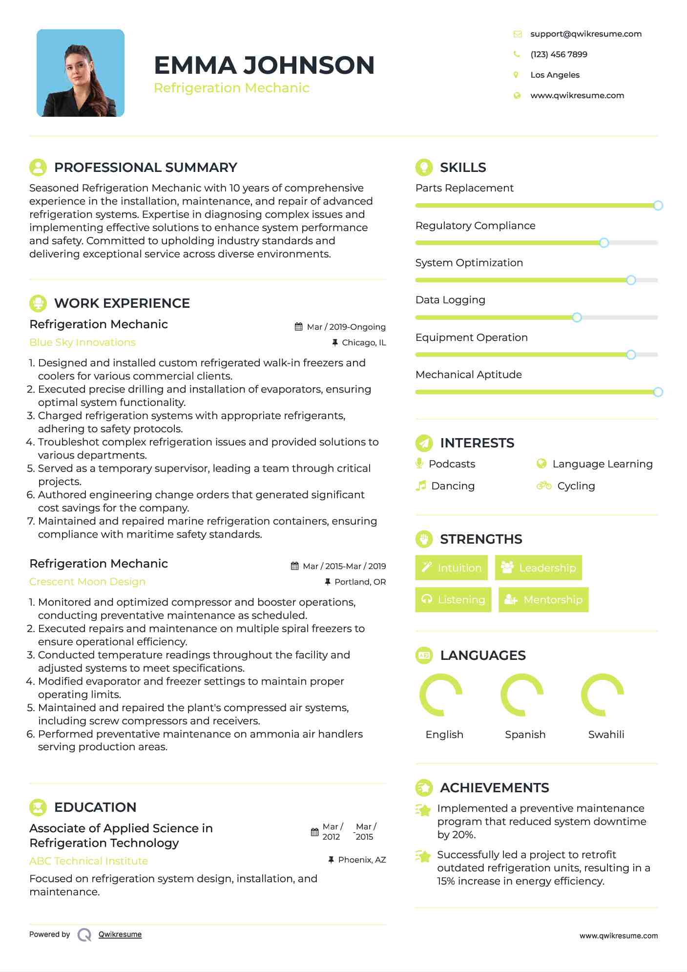 Refrigeration Mechanic Resume Example