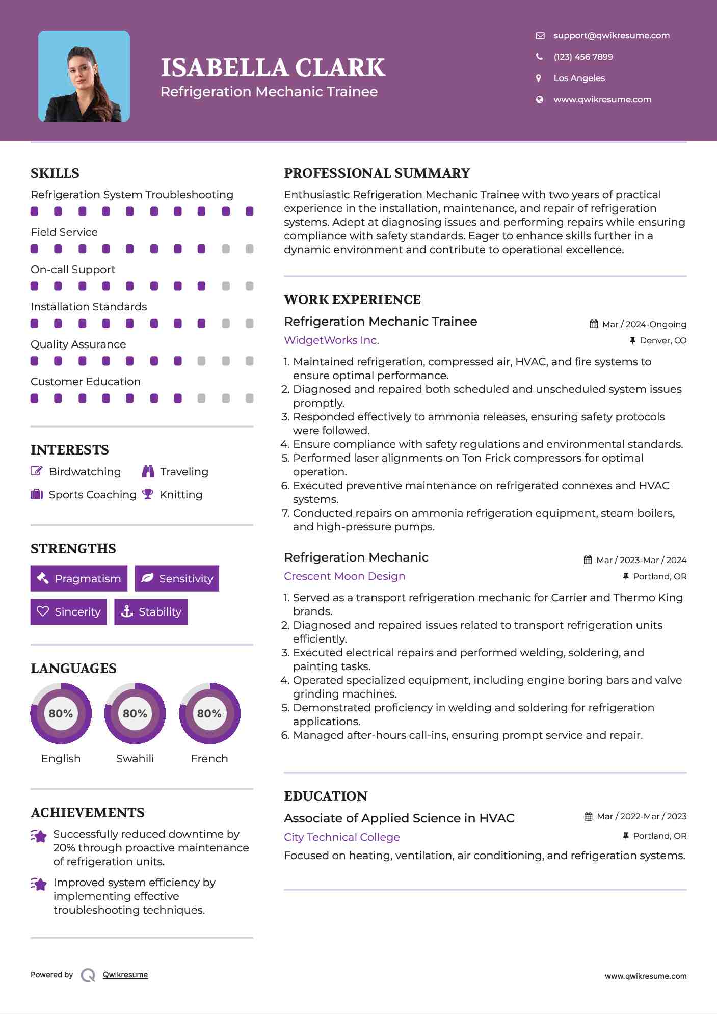 Refrigeration Mechanic Trainee Resume Example