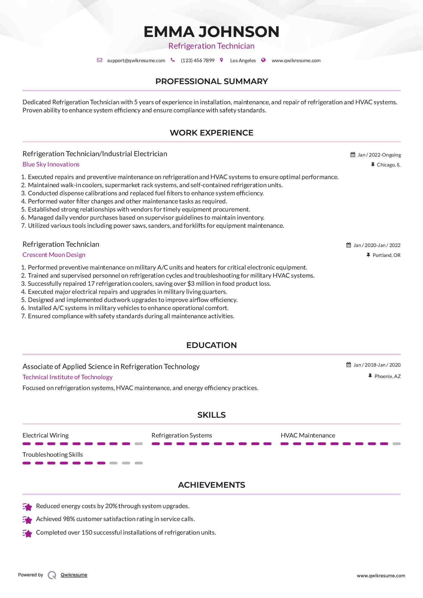 Refrigeration Technician/Industrial Electrician  Resume Template