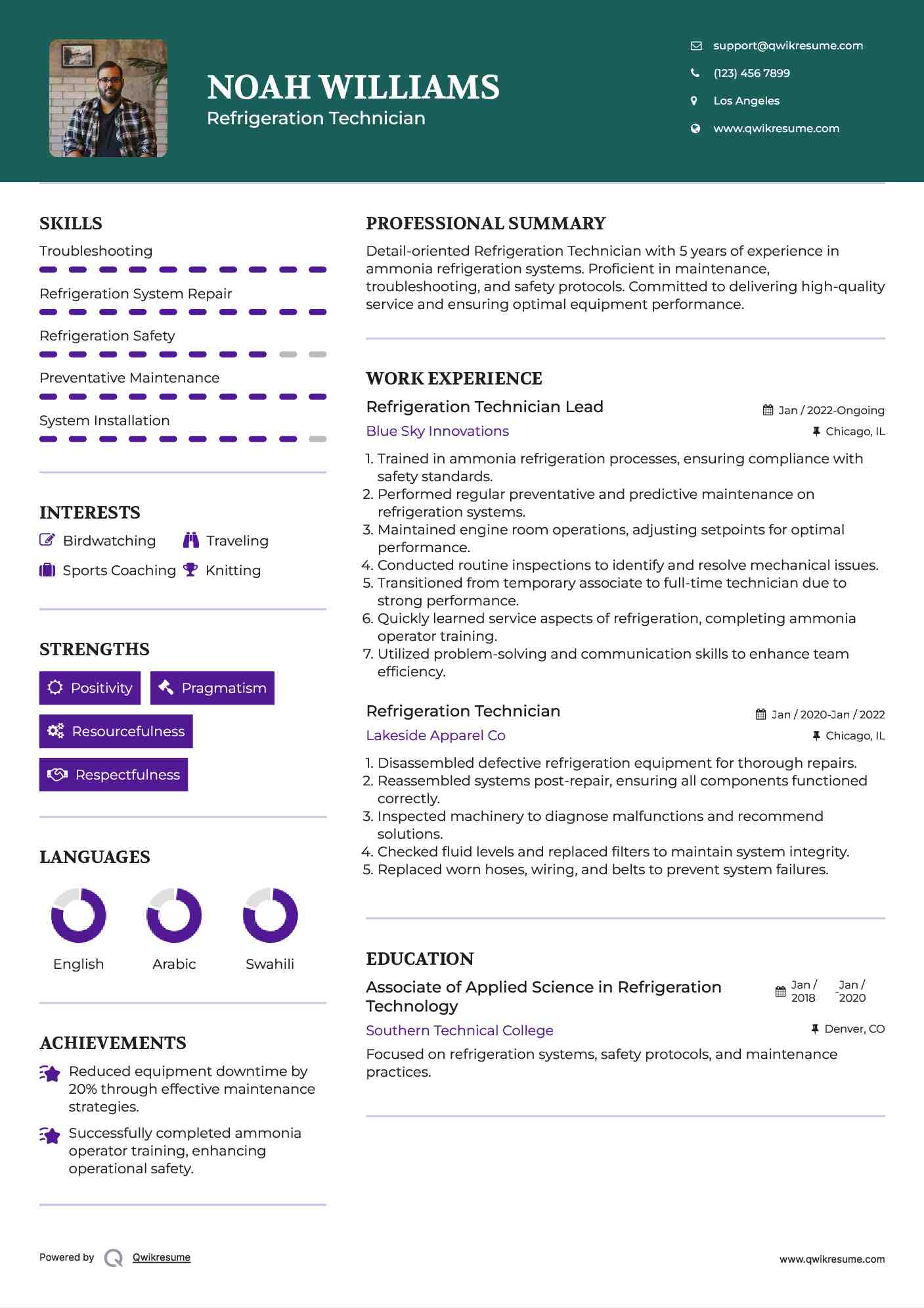 Refrigeration Technician Lead Resume Example