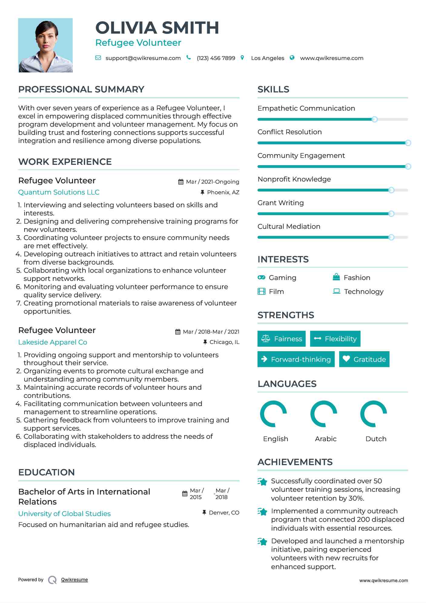Refugee Volunteer Resume Example
