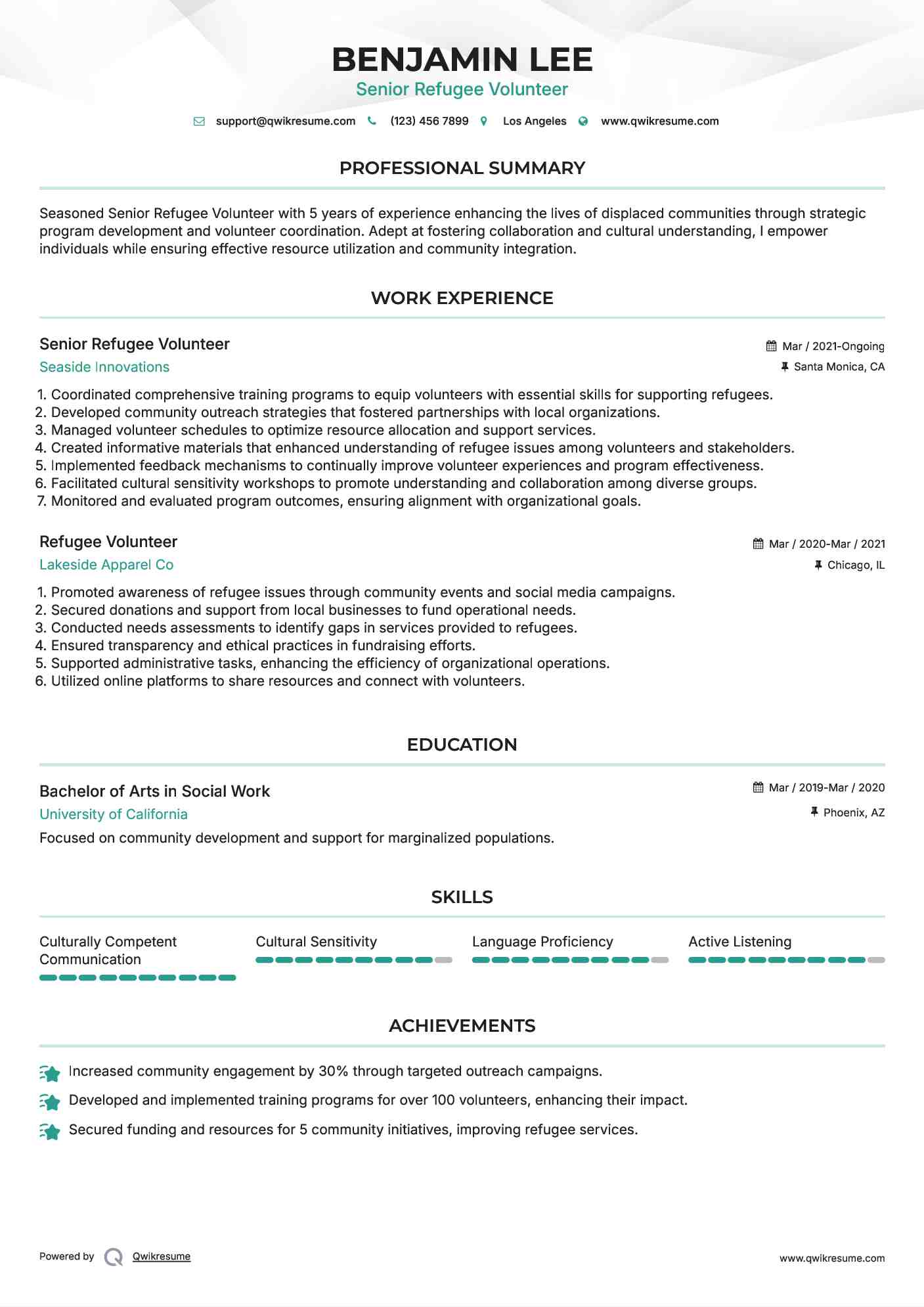 Senior Refugee Volunteer Resume Example